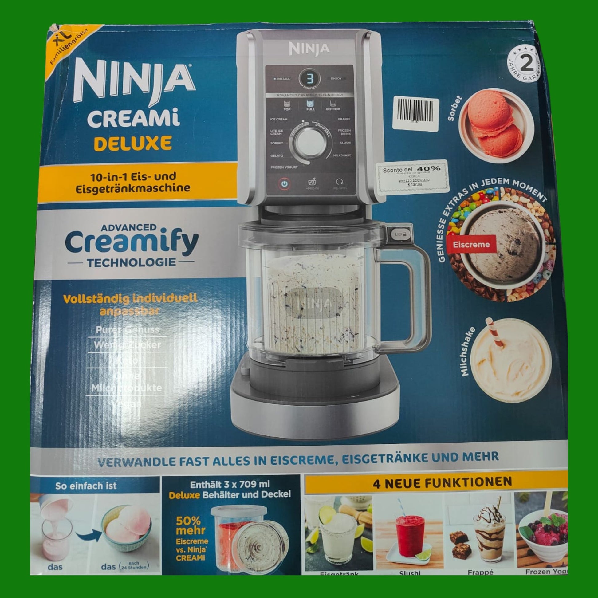 Ninja CREAMi Gelatiera Deluxe con 3 Vasetti, 10 Funzioni, Produce Gelato, Sorbetti