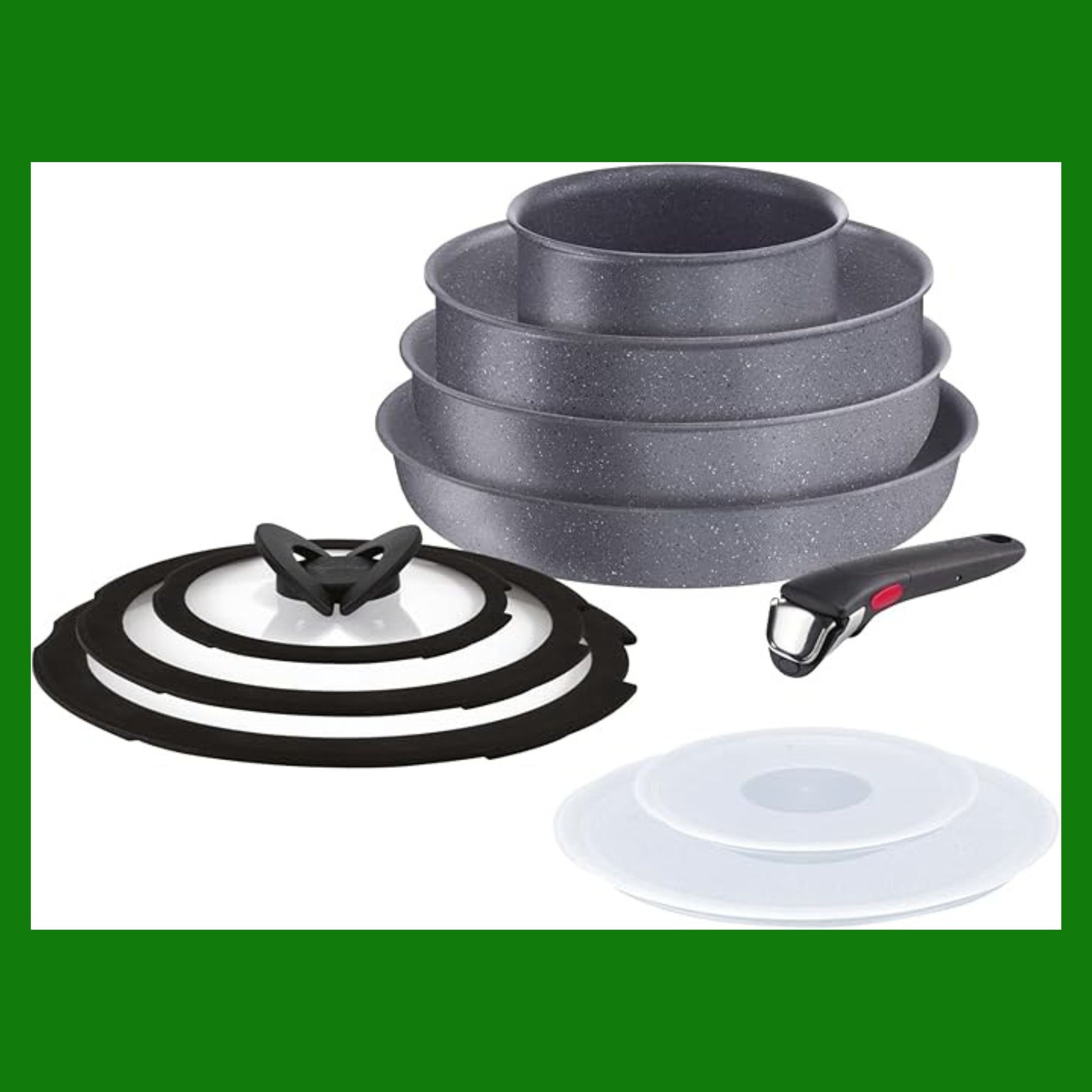 Lagostina Ingenio Mineralis Eco Set Padelle Antiaderenti in Alluminio 100% Riciclato, Adatto all’Induzione, 10 Pezzi, Casseruola 16cm, Padella 28cm, Tegame 24cm, Wok 26cm, 5 Coperchi e Manico