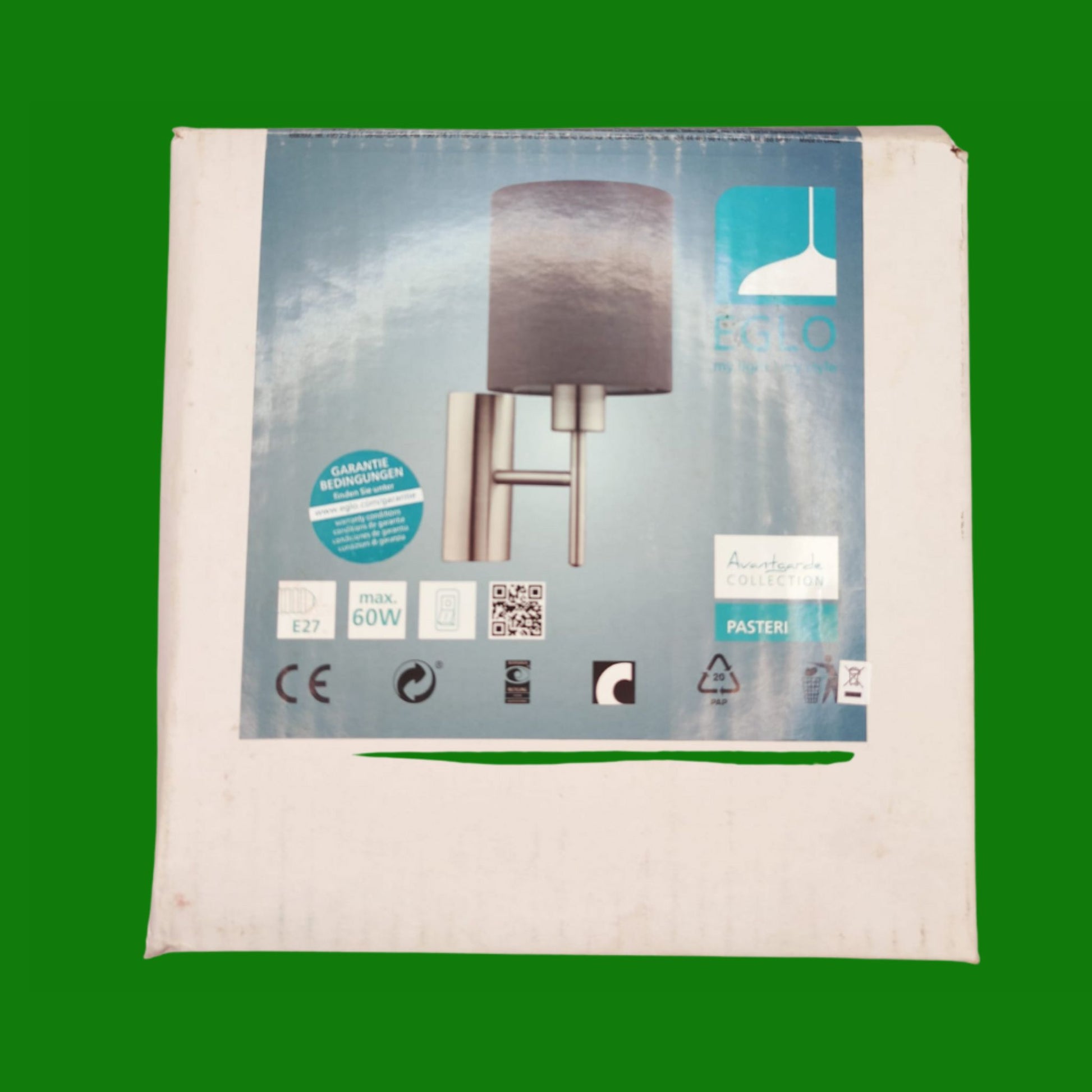 Eglo Lampada da parete Pasteri, lampada da parete in tessuto a uno punto luce, acciaio, tessuto, nichel opaco, grigio, E27, incl interruttore