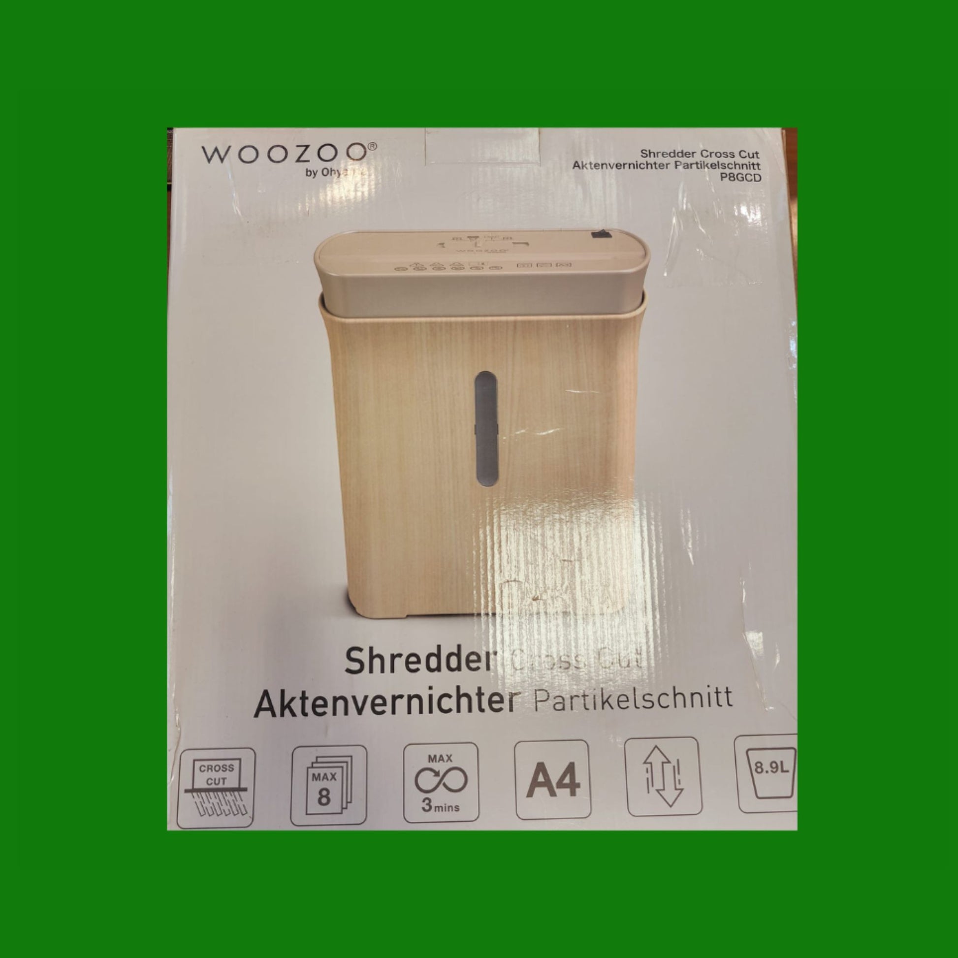 Woozoo, Distruggi documenti / distruggi carta, 8 fogli, Tecnologia trasversale, Cestino da 8,9 l,