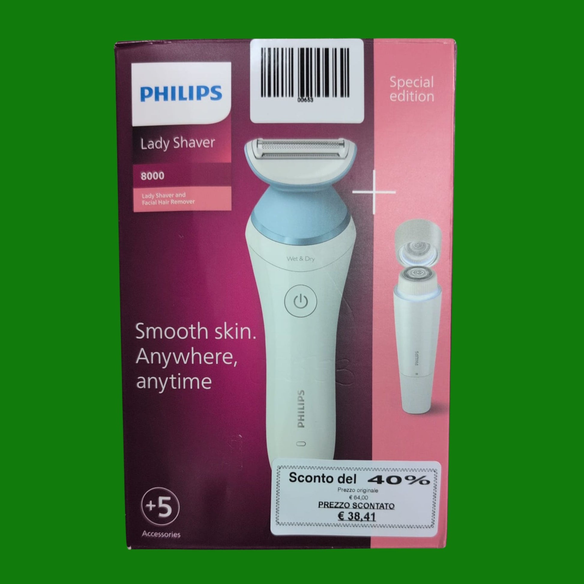 Rasoio da donna Philips Serie 8000 - Rasoio cordless con 5 accessori inclusi Guanto esfoliante, pettine rifinitore