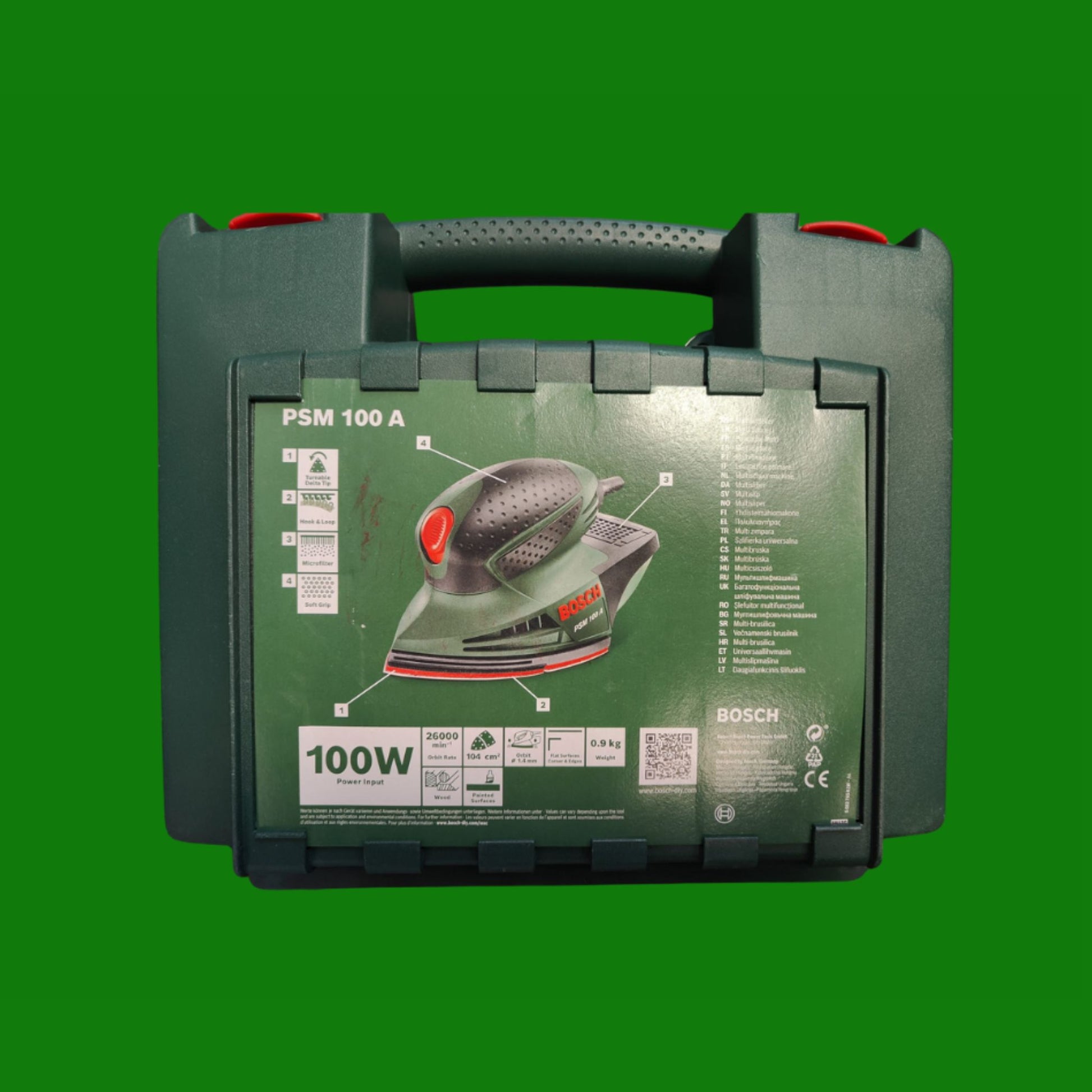 Bosch PSM 100 A Levigatrice multiuso Nero, Verde, Rosso 100 W + Set di Fogli Abrasivi per Levigatrice Palmare