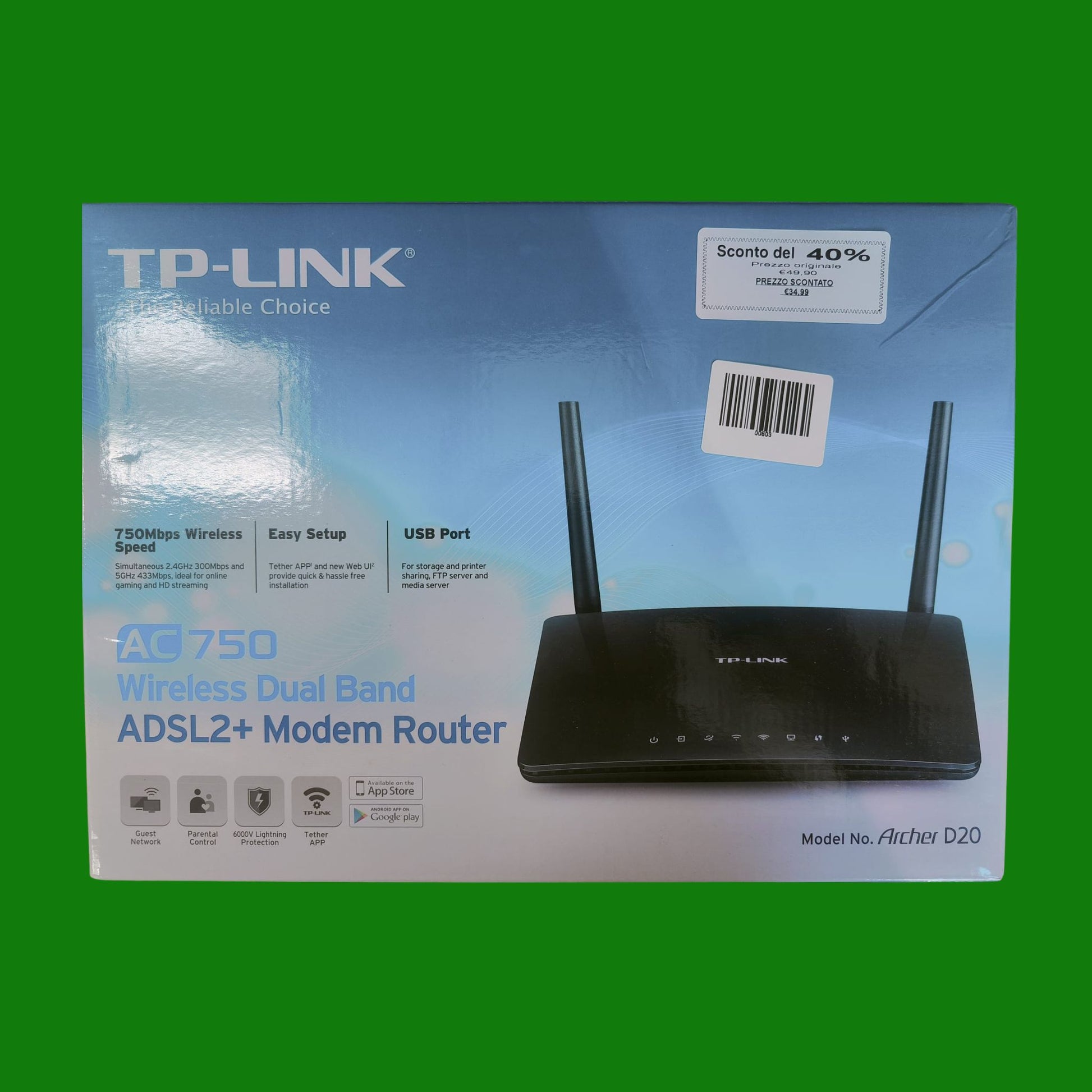 TP-Link Archer D20 Modem Router Wireless ADSL2+, 750 Mbps, 4 Porte Fast Ethernet, 1 Porta USB Multifunzione