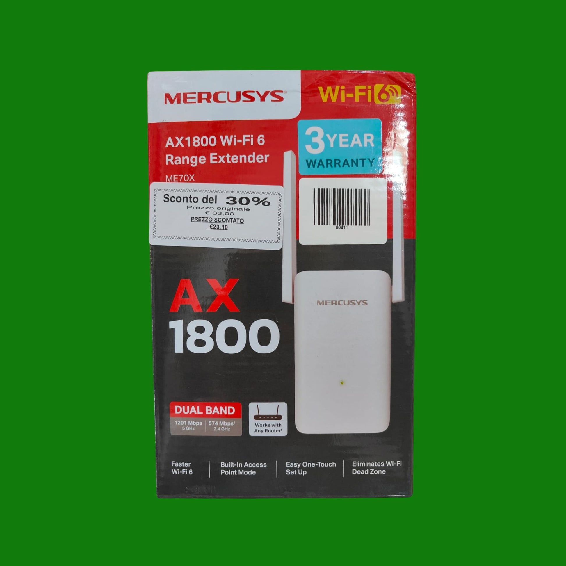 MERCUSYS ME70X Ripetitore WiFi 6, Doppia Banda AX1800Mbps, Extender, Booster, 1 Porta Gigabit Ethernet, Amplificatore Segnale, Supporta Tutti i Router, MU-MIMO, Beamforming