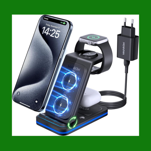 3 in 1 Stazione Ricarica per iPhone 16/15/14/13/12/XS/X/8 serie,MANKIW Caricabatterie Wireless per i-Watch 10/9/8/Ultra/7/6/SE/5/4/3/2, per Air Pods 3/4/Pro 2
