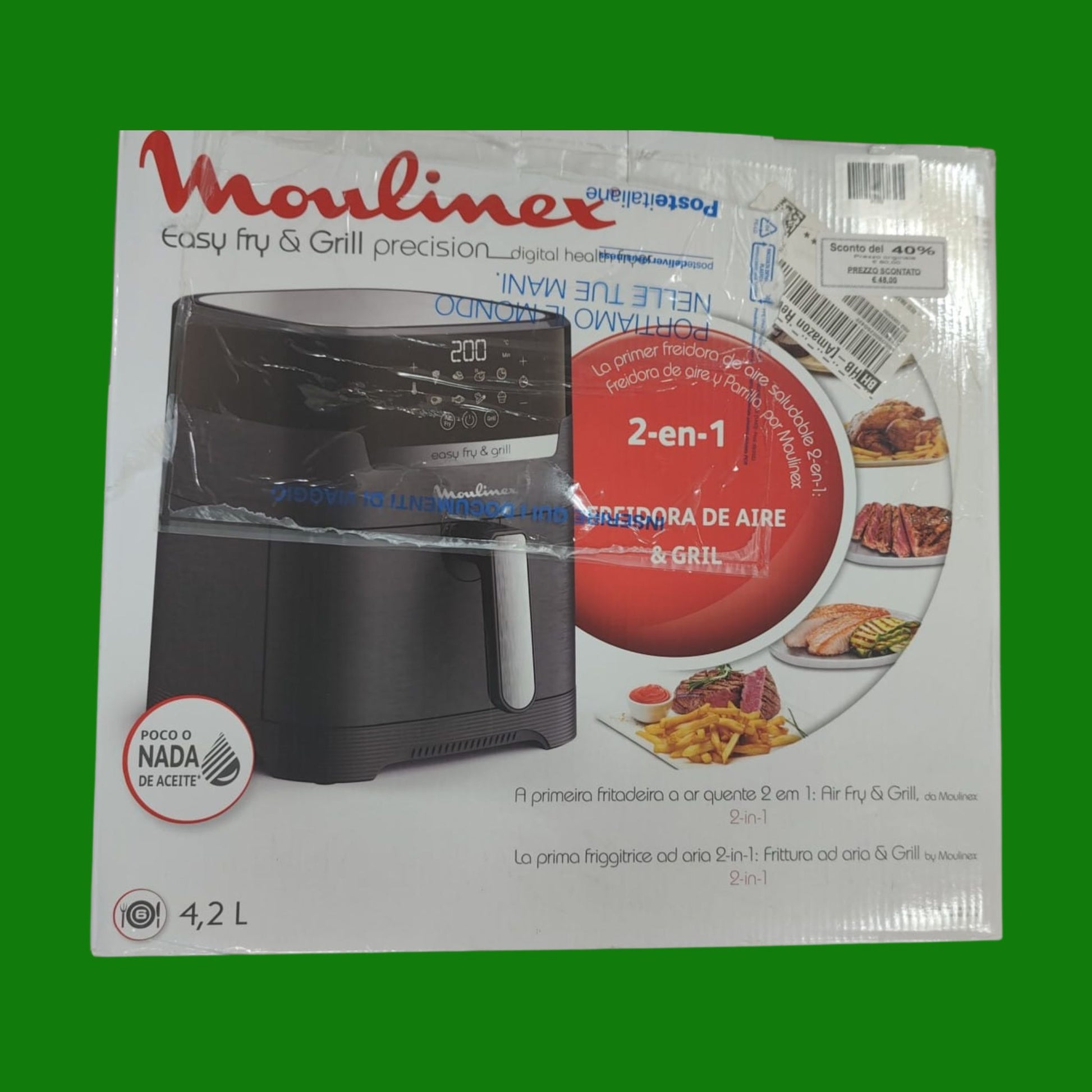 Moulinex Easy Fry & Grill, Friggitrice ad Aria 2 in 1, 4,6 Litri/1Kg, Acciaio inox, Friggitrice senza Olio con Griglia, Display Digitale Touch,