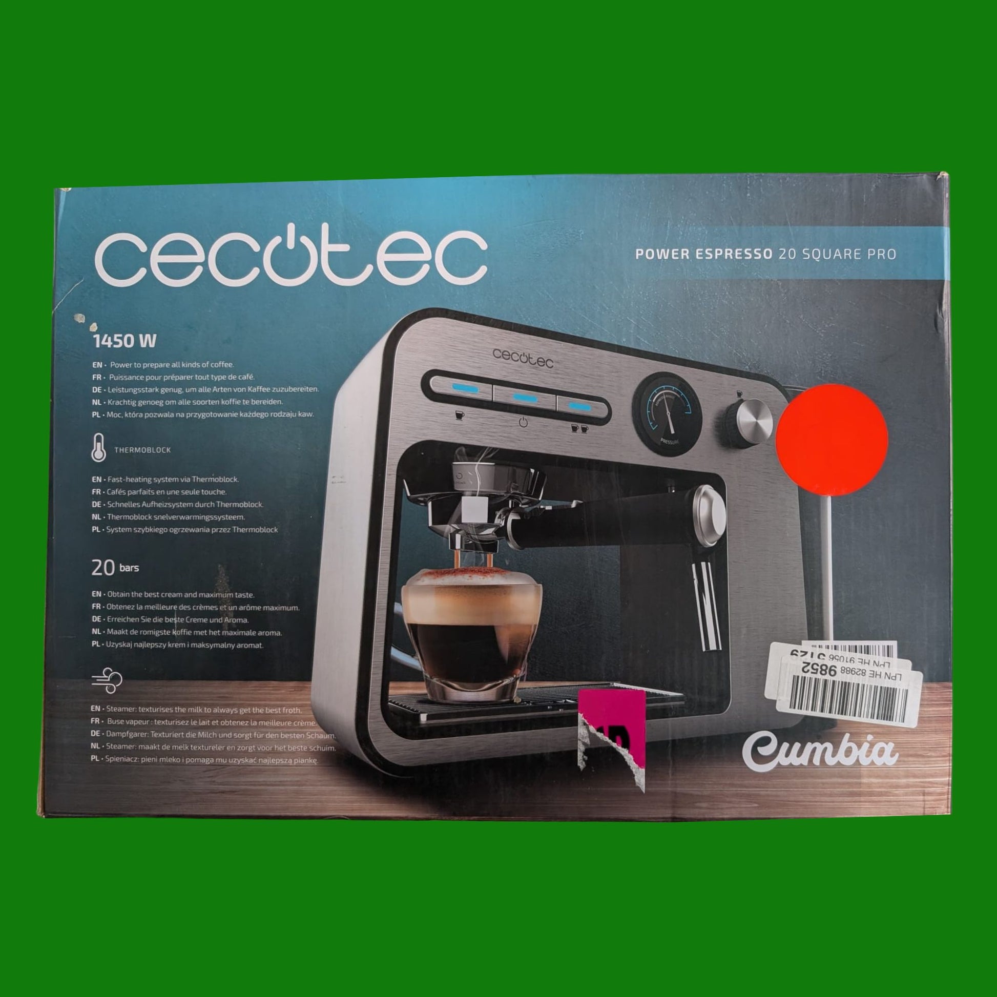 Cecotec Macchina da Caffè Espresso Power Espresso 20 Square Pro. 1450 W, 20 Bar, Thermoblock,