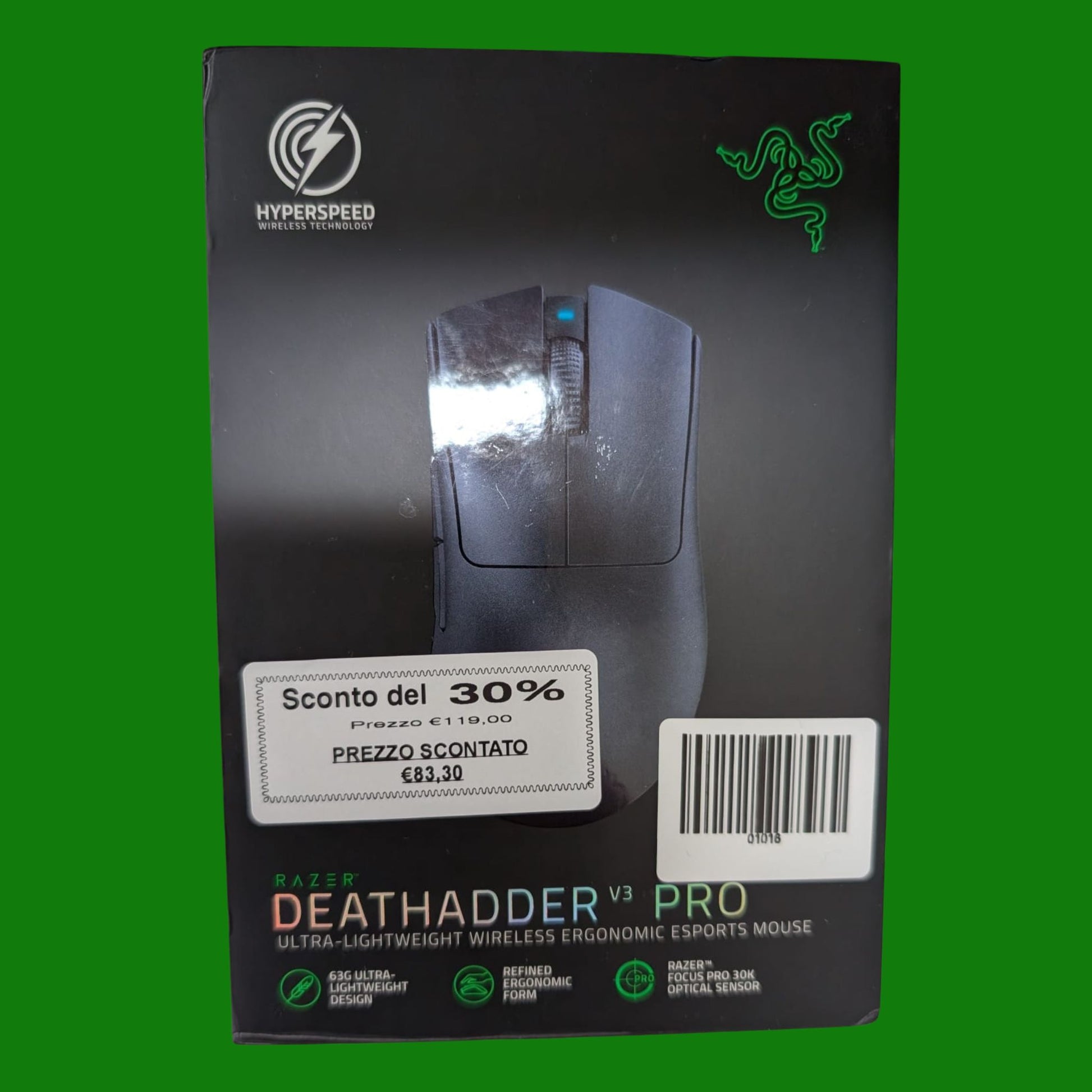 Razer DeathAdder V3 Pro, Mouse leggero per E-Sport Ergonomico Wireless,