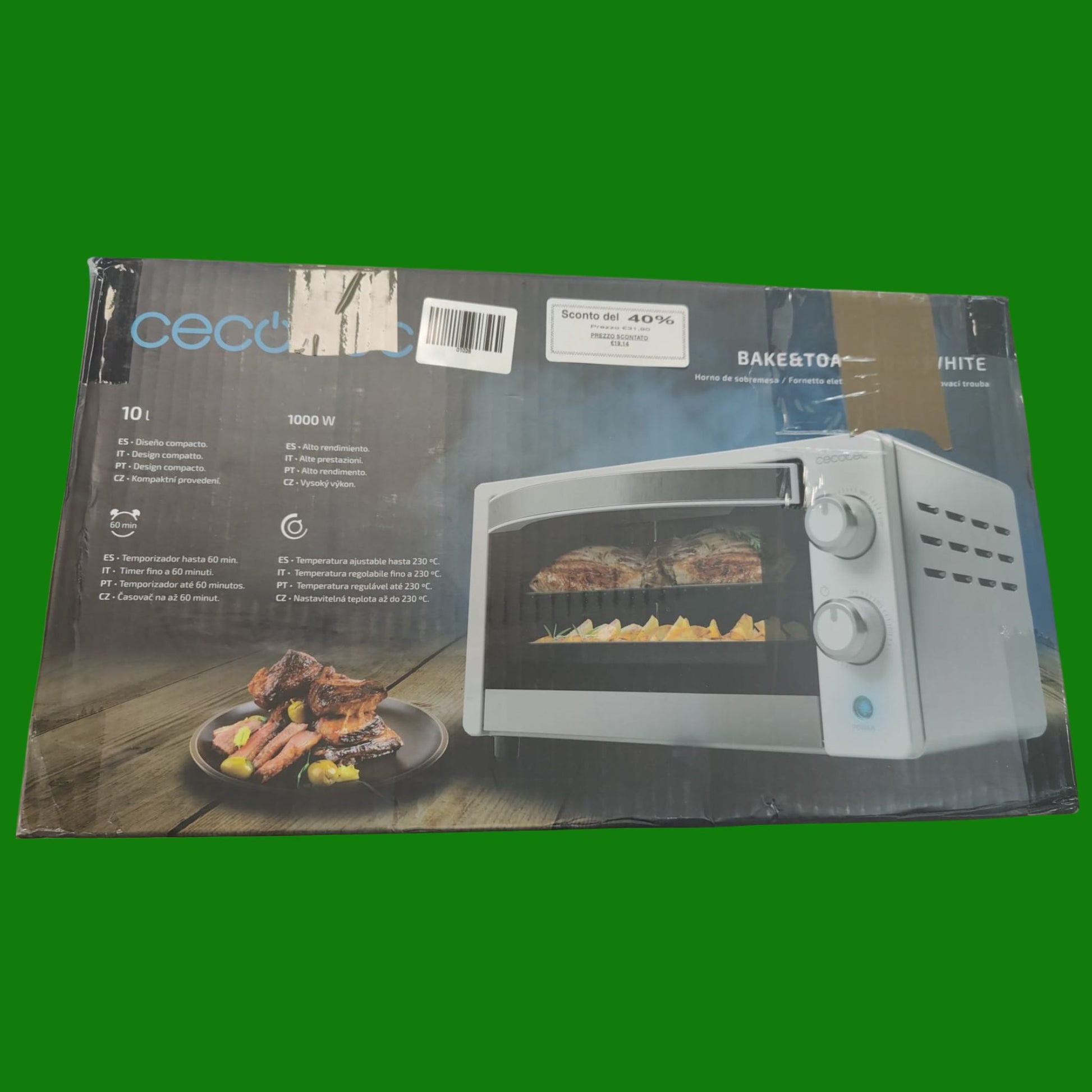 Cecotec Forno da tavolo Bake&Toast 1090 White, 10 l, 1000 W, timer 60 min, temperatura regolabile fino a 230 °C, teglia, griglia e pinze