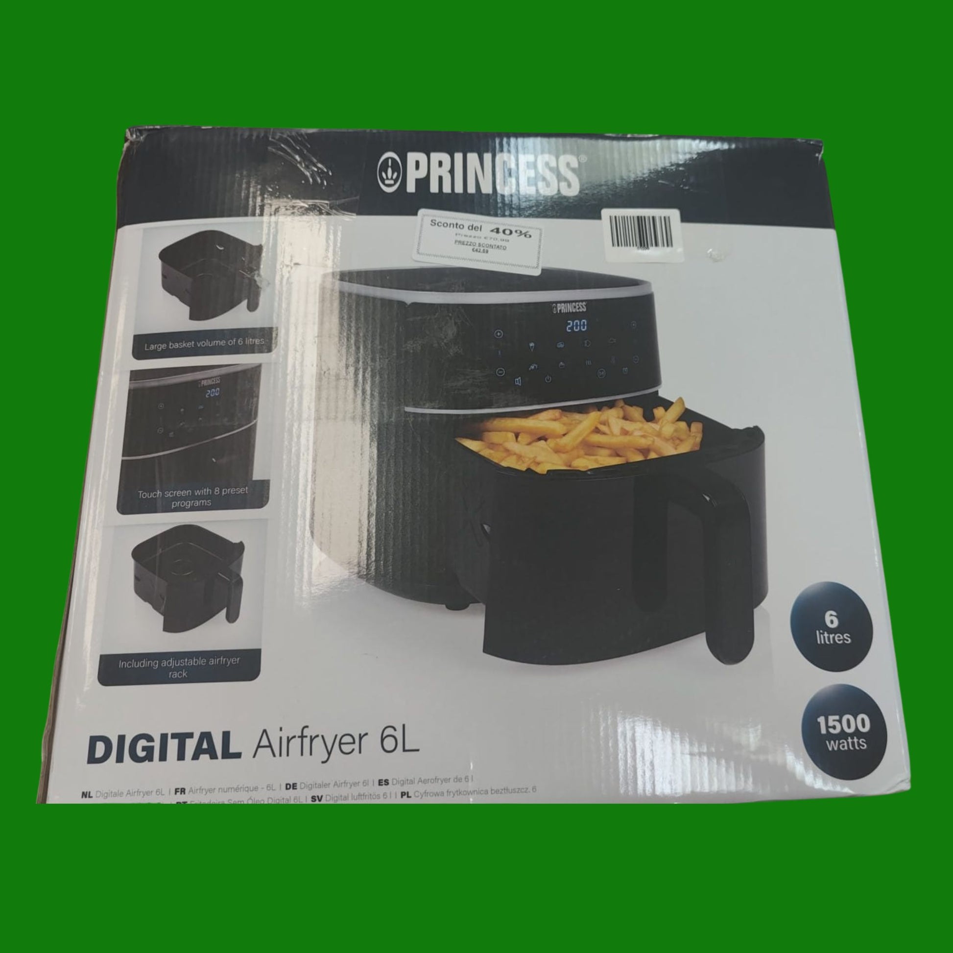 Princess Aerofryer digitale 6 L – Touchscreen digitale LED – 1500 W – 8 programmi