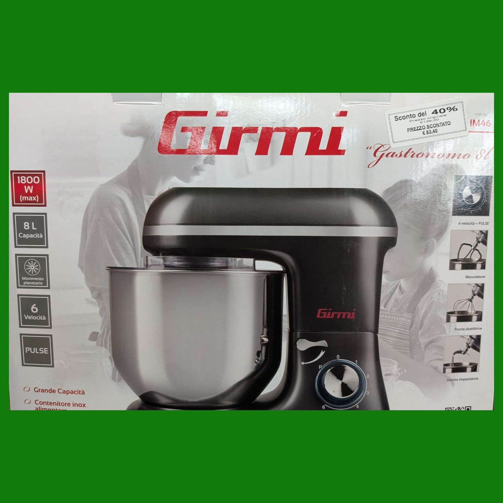 Girmi IM46 Impastatrice Planetaria, 1800 W Max, 8 Litri, 6 Velocità, Pulse, Contenitore inox