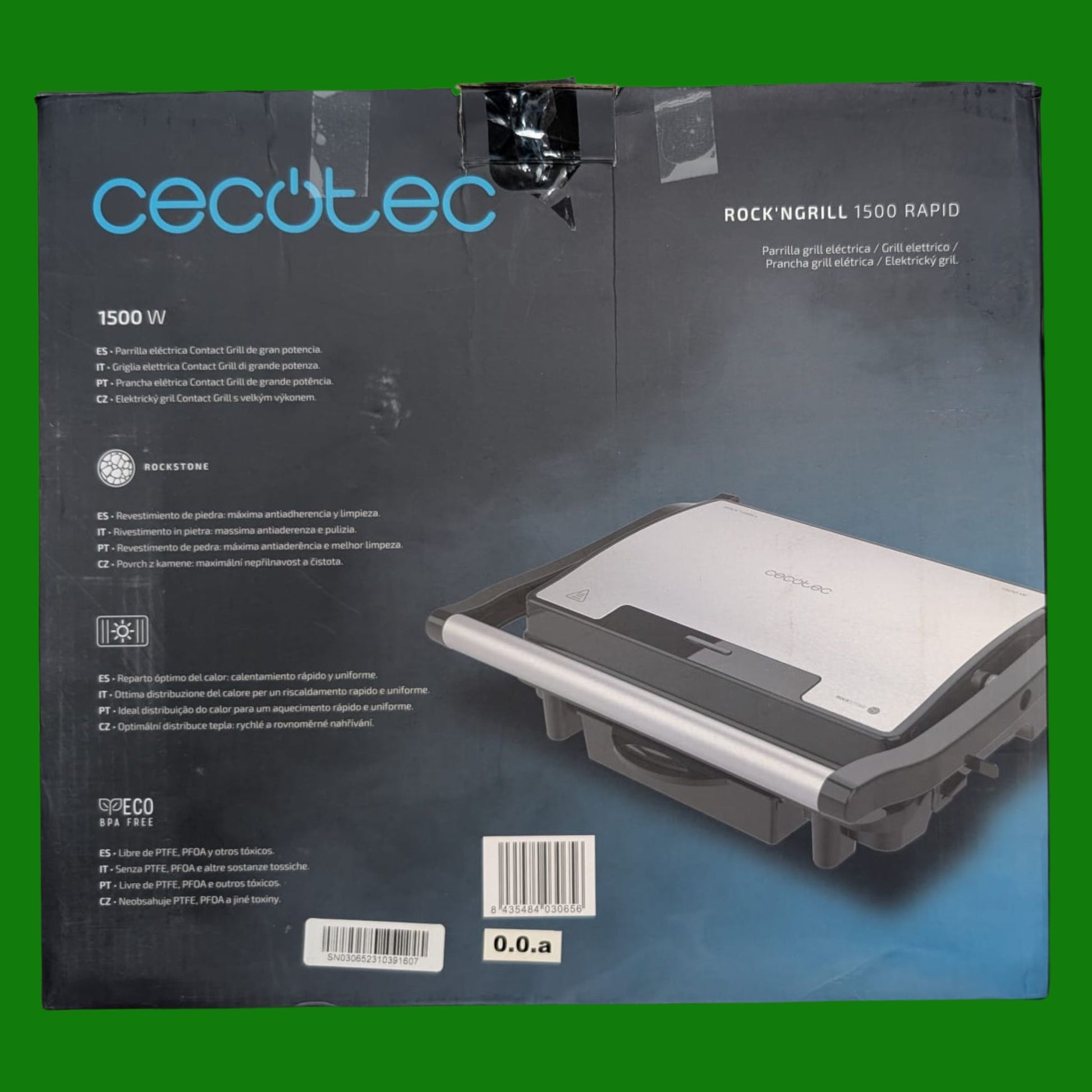 Cecotec Griglia Elettrica Rock'Ngrill 1500 Rapid. 1500 W, Rivestimento Rockstone, Piastra Superiore Regolabile in Altezza