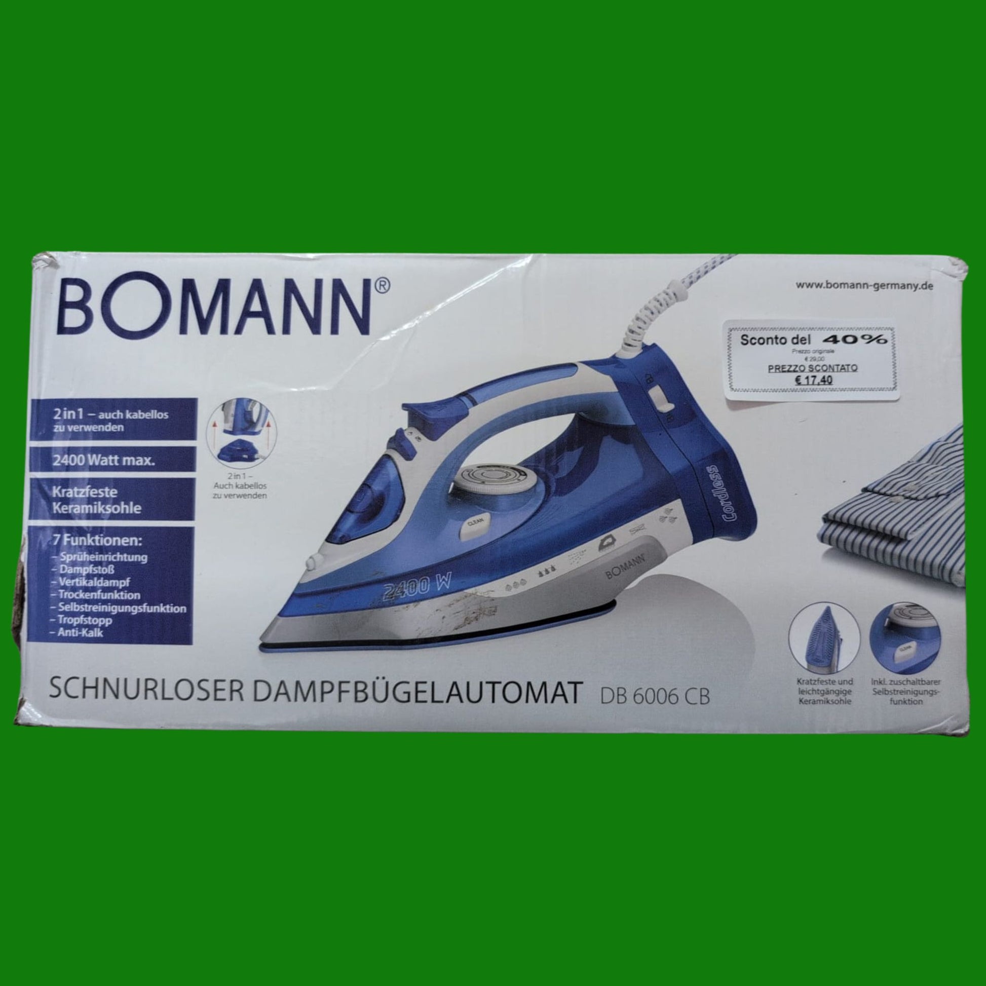 Bomann Dampfbügeleisen Db 6006 CB-Ferro da Stiro a Vapore Senza Fili, Suola in Ceramica AntiGraffio
