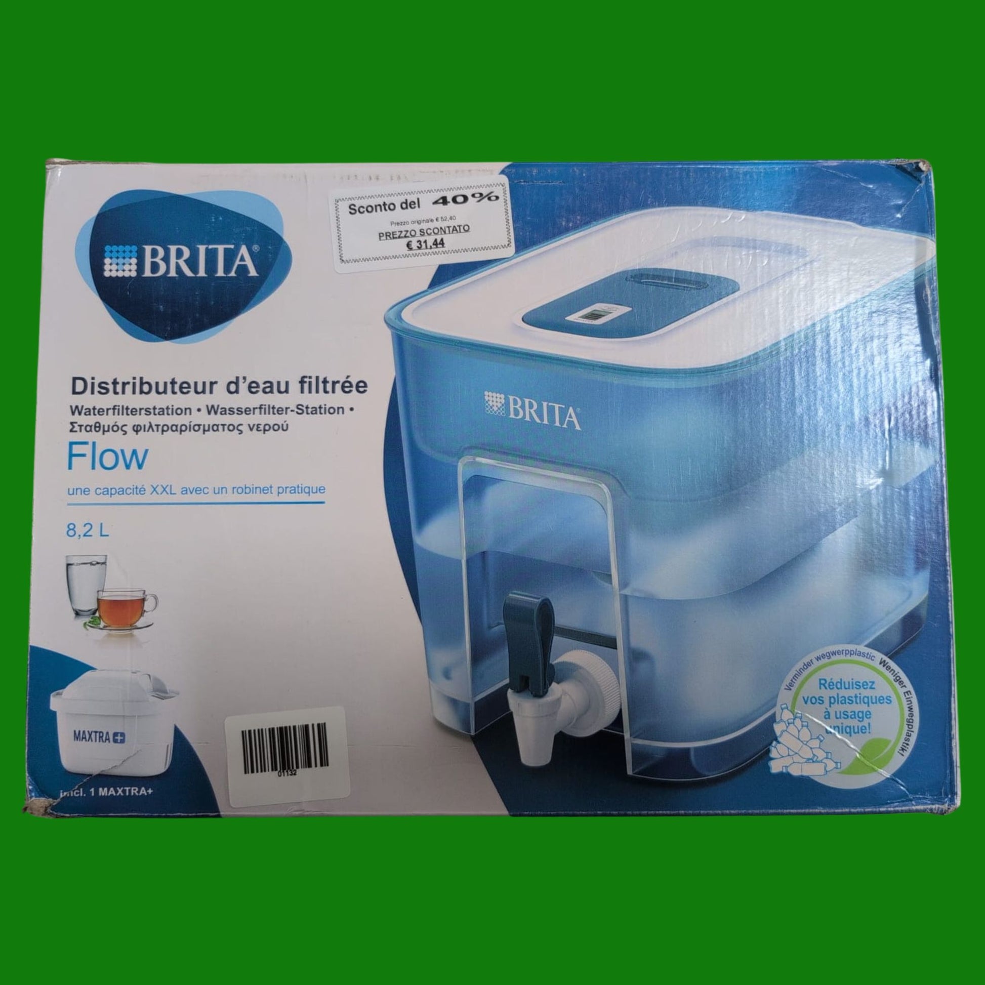 BRITA Dispenser Filtrante Flow per acqua, Blu (8.2l) - incl. 1 Filtro MAXTRA+ per la riduzione di cloro, calcare e impurità / 30.2 x 21.4 x 22