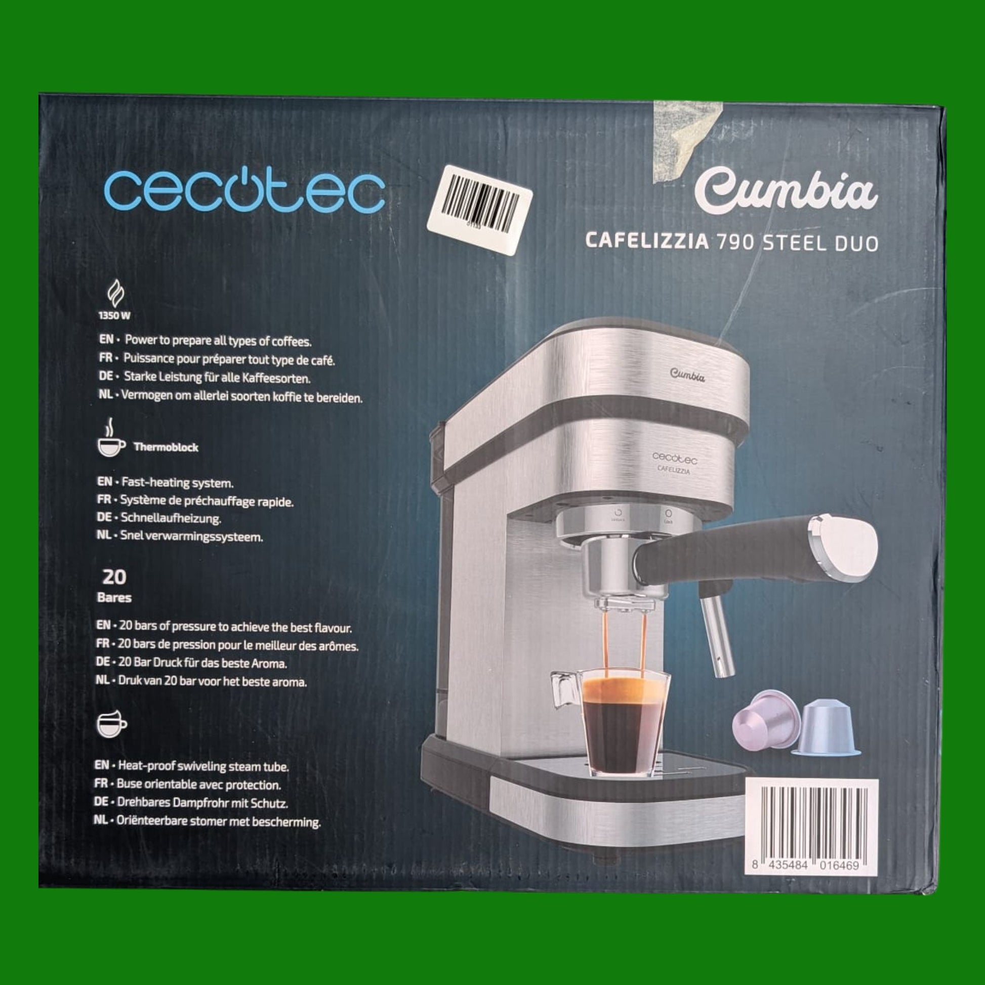 Cecotec Macchina da caffè espresso Cafelizzia 790 nera. Potenza 1350 W, Sistema di riscaldamento rapido, 20 barre di pressione, vaporizzatore regolabile, serbatoio dell'acqua da 1,2 litri
