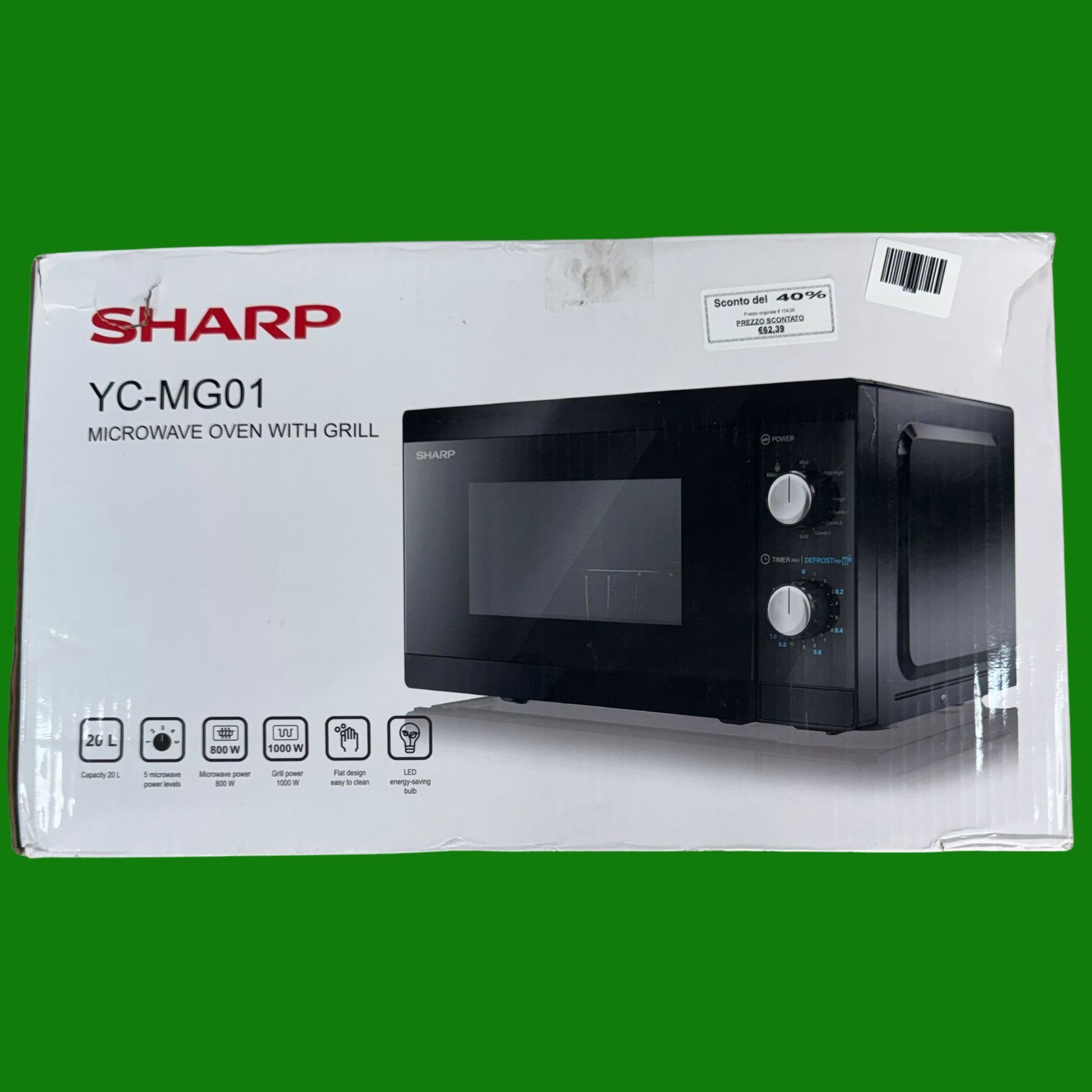 SHARP YC-MG01E-B, forno a microonde 20 litri, con funzione grill, 5 livelli di potenza
