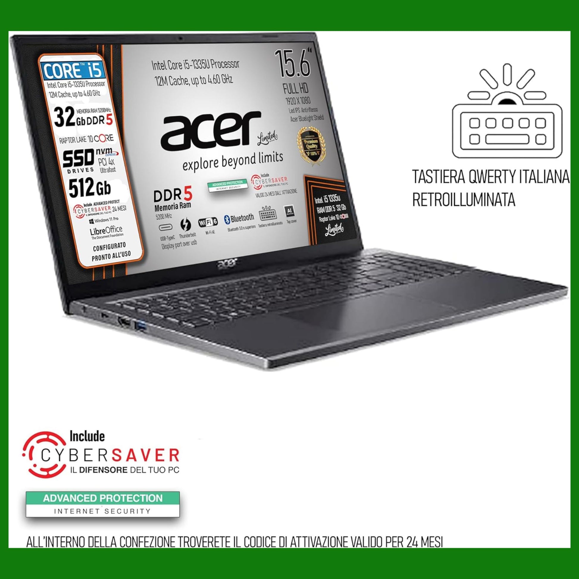 acer, notebook Portatile, Intel i5 di 13Th. 10Core, fino a 4,6 Ghz, Ram 32Gb DDR5, SSD 512Gb