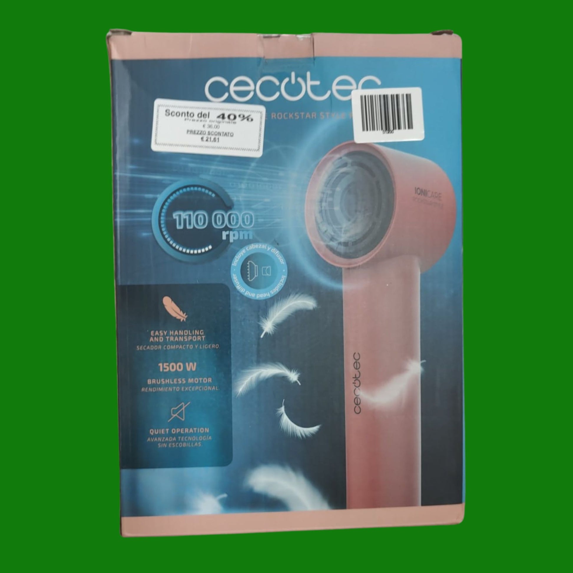 Cecotec Asciugacapelli Ionicare Rockstar Style Green. Compatto E Leggero 1500W Con Motore Brushless