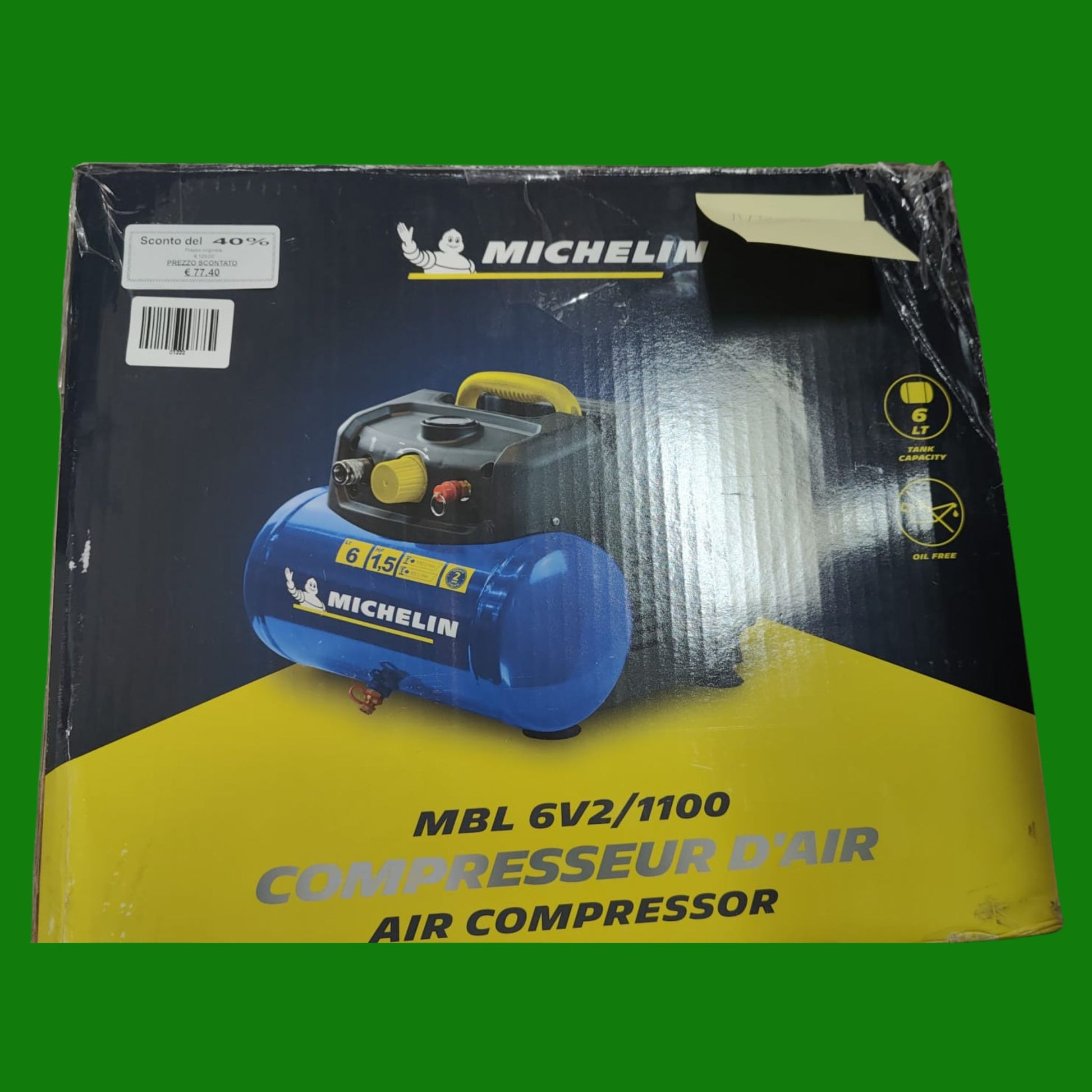 Michelin Compressore d'Aria Portatile MBL6, Compressore Aria Oil-Free da 6 Litri, Manometro Integrato, Pressione Massima 8 Bar, Potenza 1.5 CV
