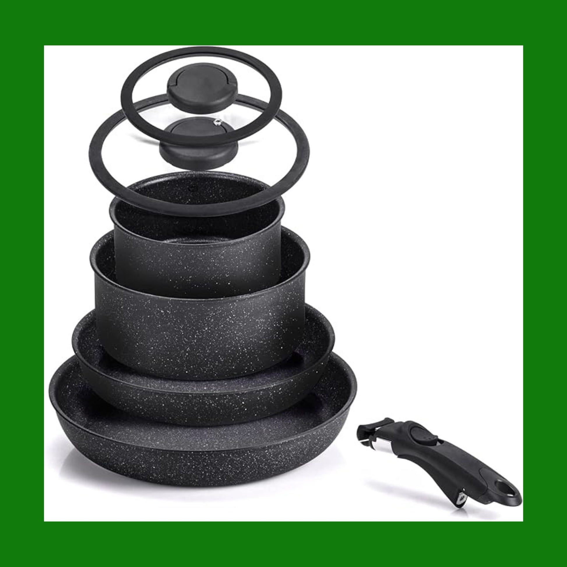 Moneta Etnea Minispace Batteria 7 Pezzi, Composta da 1 Manico Amovibile, Padella 24 e 28 cm, Casseruola 16 e 20 cm