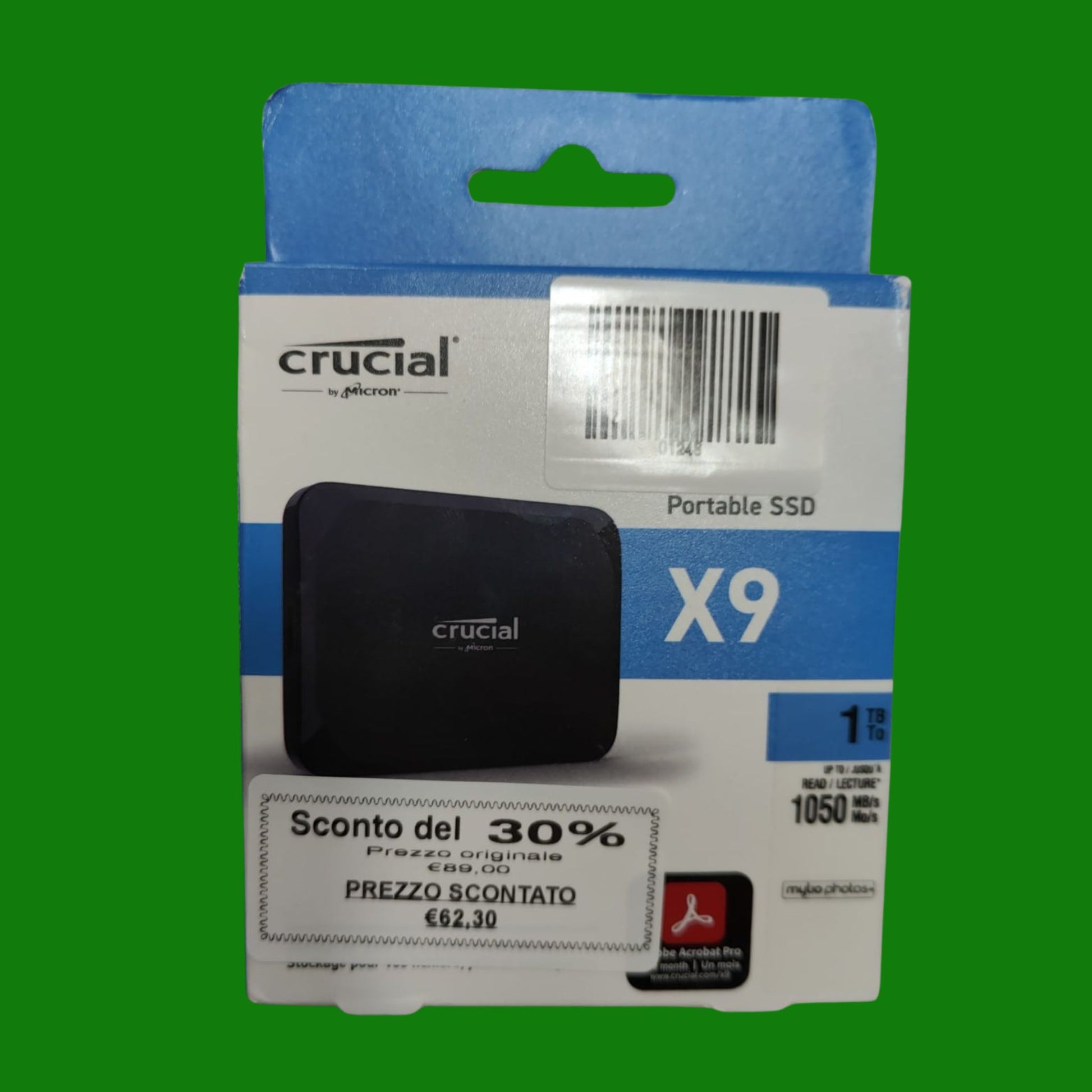 Crucial X9 SSD 1TB Esterno Portatile, fino a 1050 MB/s, compatible con PC