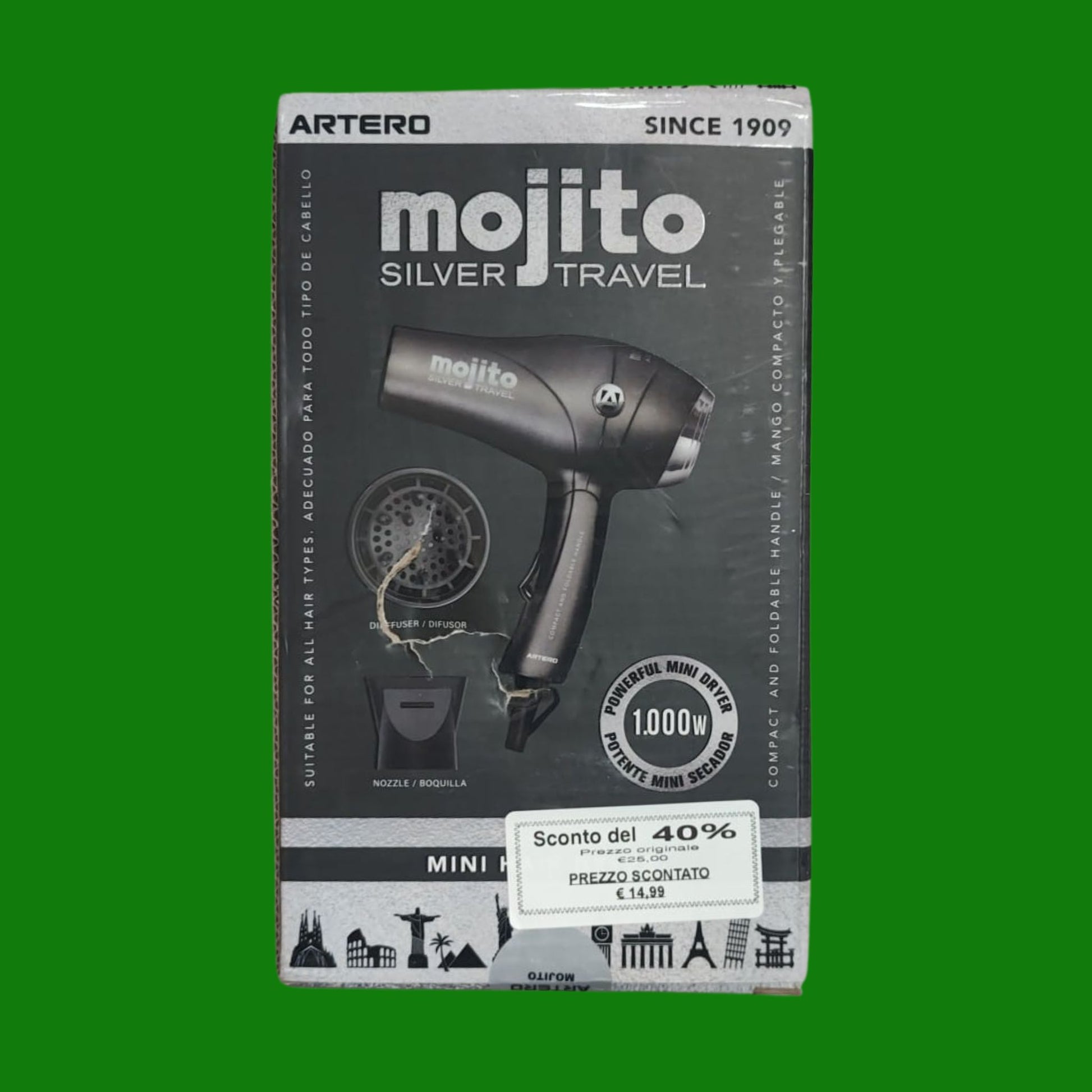 Artero Mojito - Asciugacapelli da viaggio, pieghevole, con diffusore, ugello e custodia. 1000 W