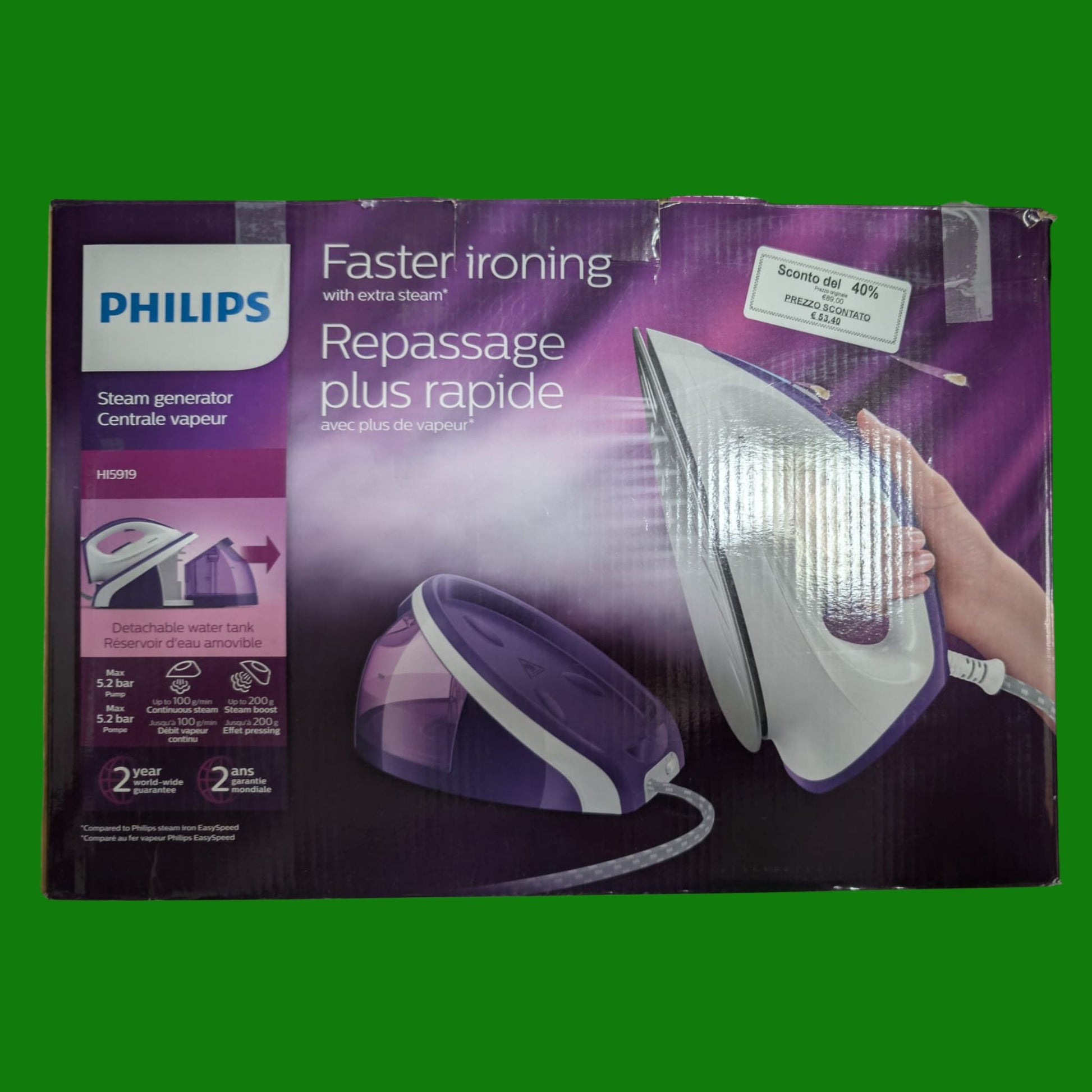 Ferro da stiro con caldaia e piastra in ceramica Philips HI5919/30, 2400W