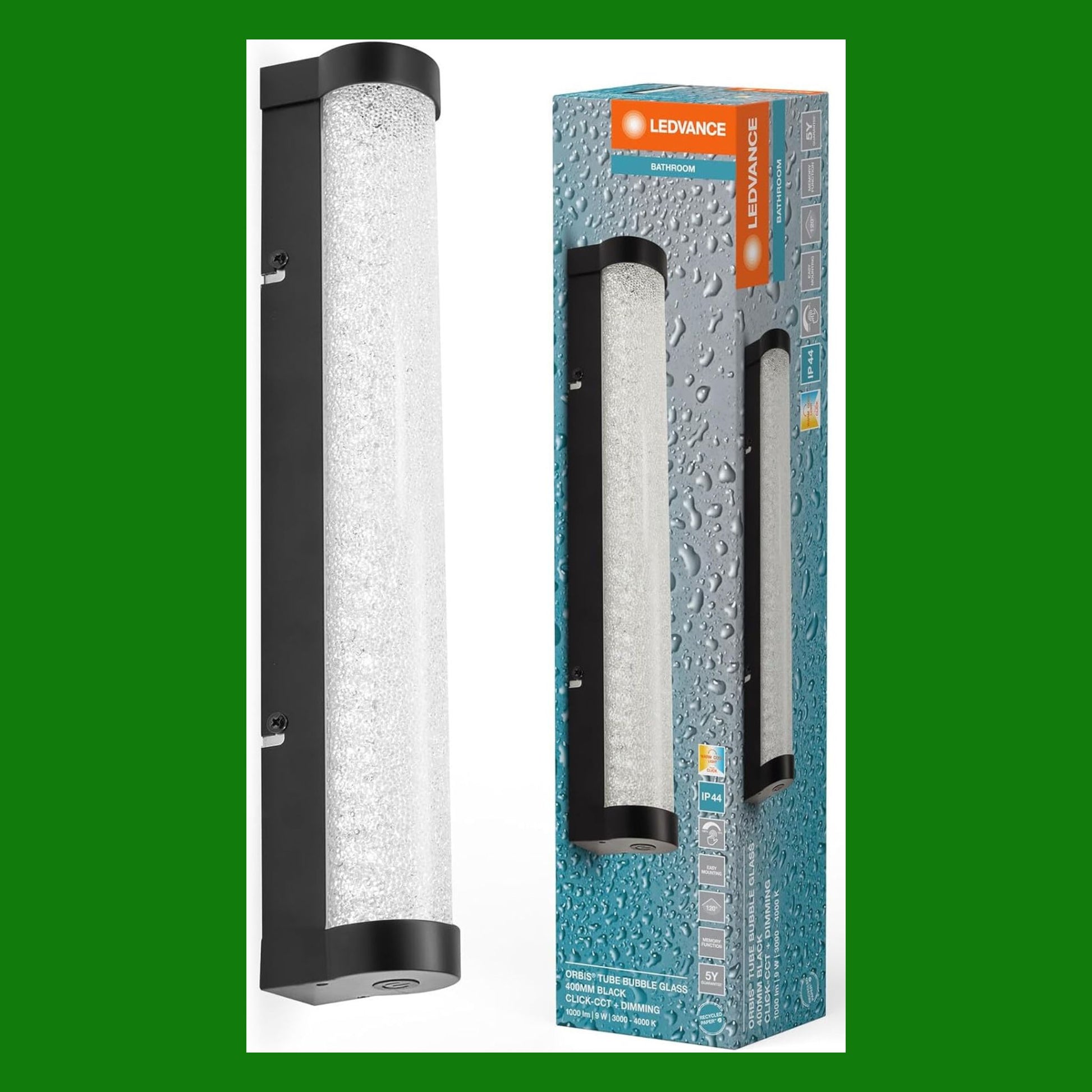 LEDVANCE da specchio/applique LED ORBIS Tube, nera, vetro con effetto bolle, 9W, 820lm, dimmerabile, 3000/4000K