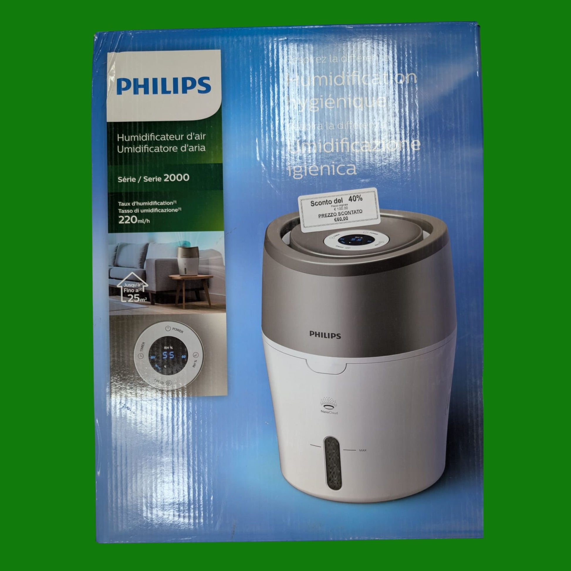 Philips HU4803/01 Umidificatore d'Aria Automatico con Tecnologia NanoCloud a Evaporazione Naturale, 3 Livelli di Umidificazione