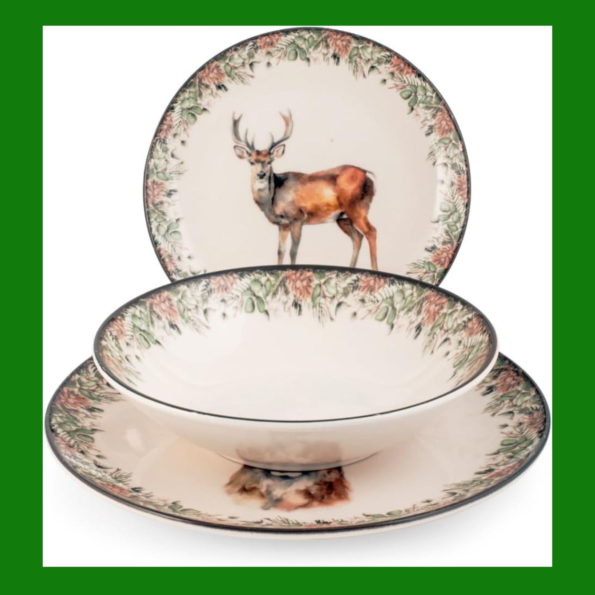 H&H Servizio Tavola 18 Pezzi Montana – Set Piatti Natalizi in Stoneware con Decoro Cervo, Adatto a Lavastoviglie e Microonde