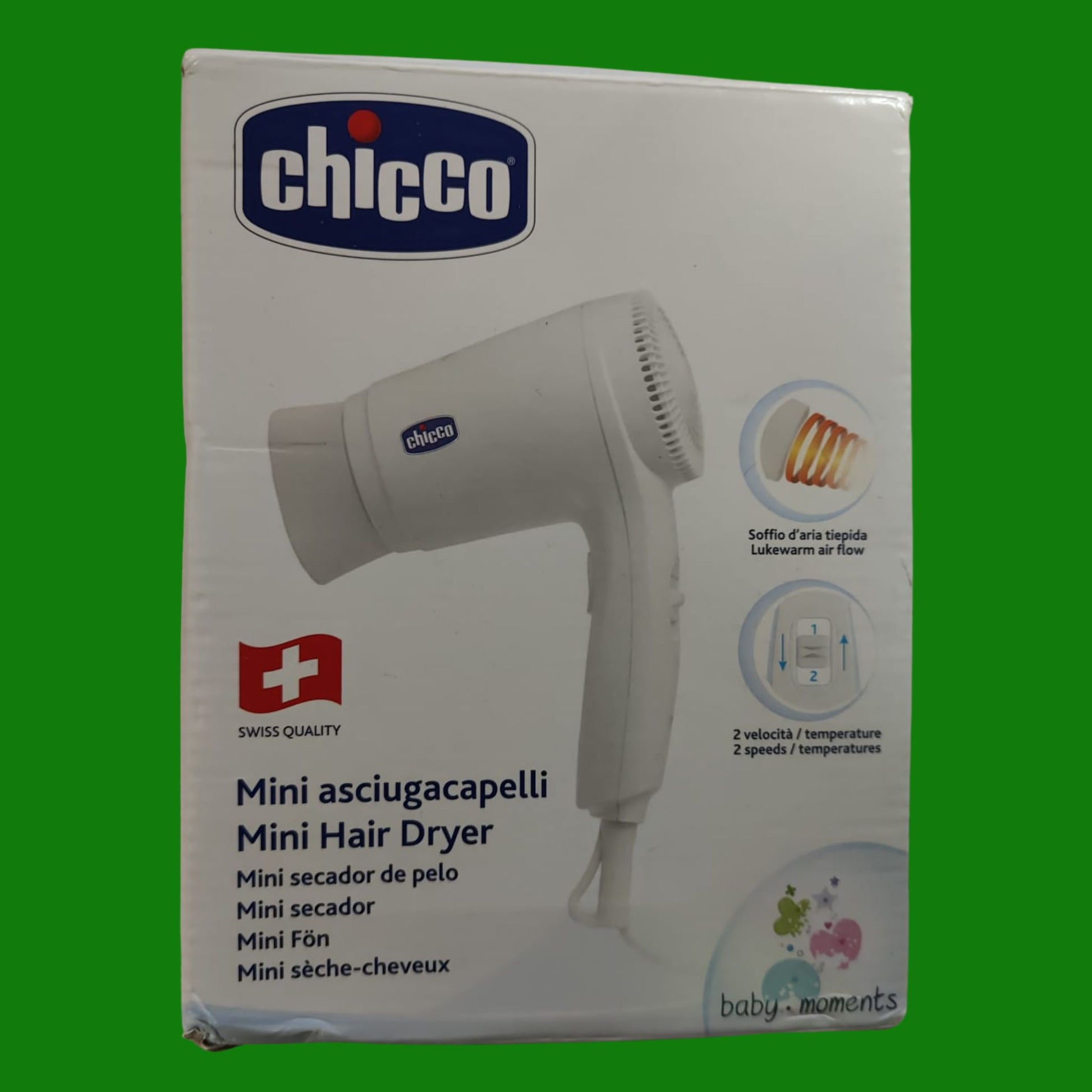 Chicco Mini Asciugacapelli Adatto per Neonati Soffio D'Aria Tiepida 2 Velocita' 500W