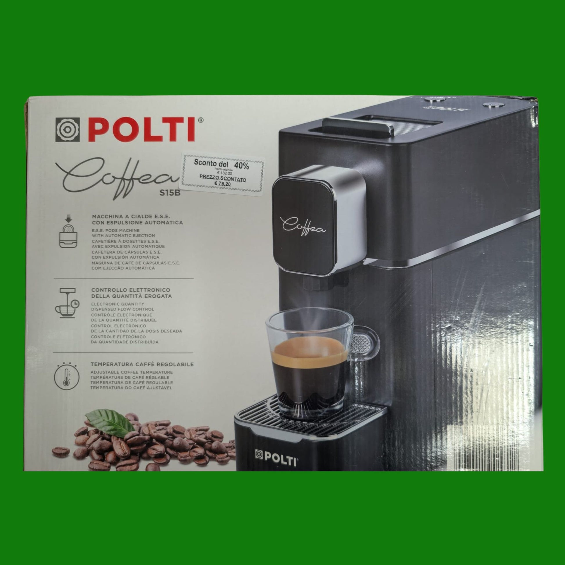 Polti Coffea S15B, Macchina per Caffè Espresso, Compatibile con Cialde E.S.E. 44 mm, Serbatoio 0.85L, Pressione Pompa 19 Bar, Nero