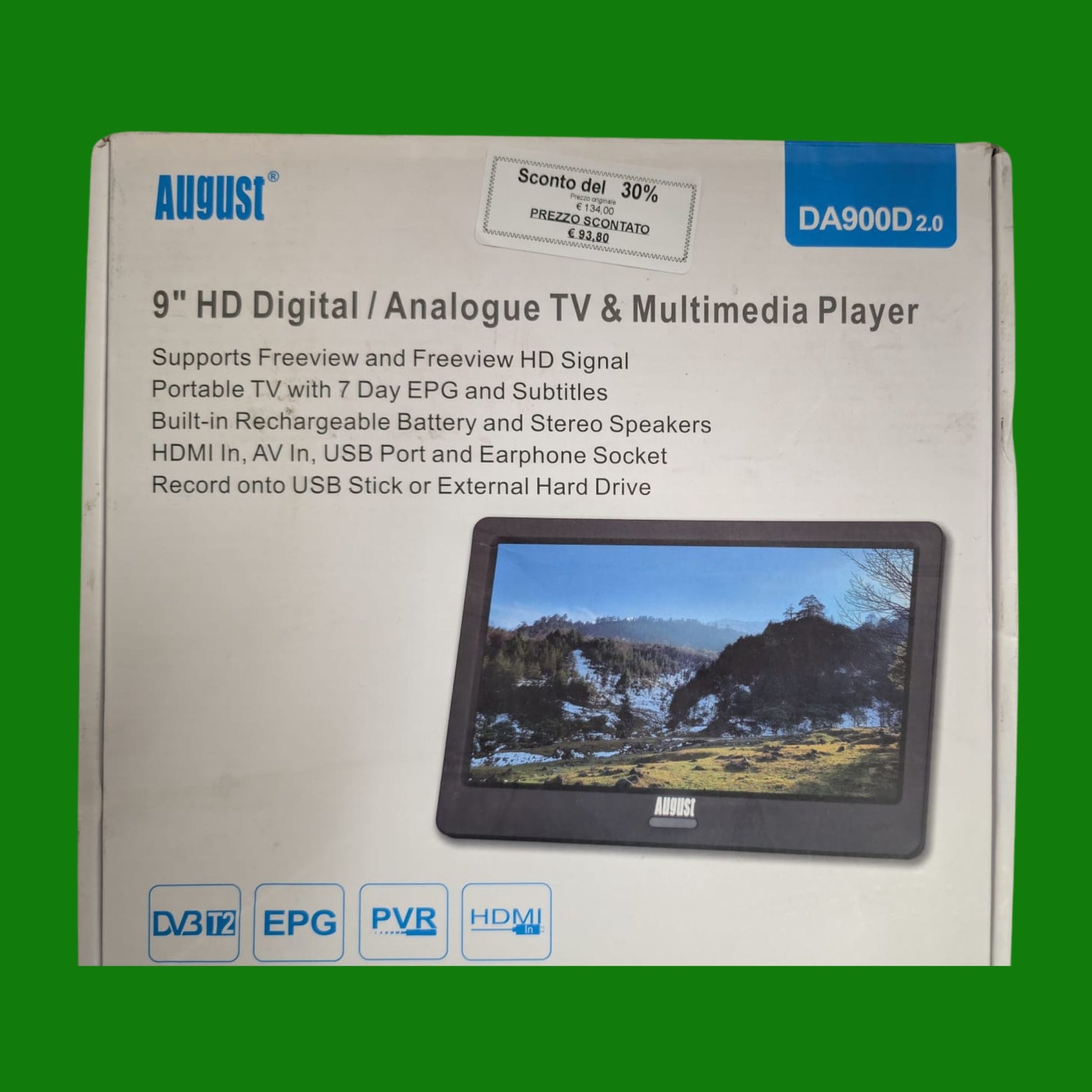 August DA900D Televisore Portatile LCD 9” Analogica TV DVB-T-T2 /HEVC H.265 Televisore Digitale Supporta HDMI IN/Media Player/PVR