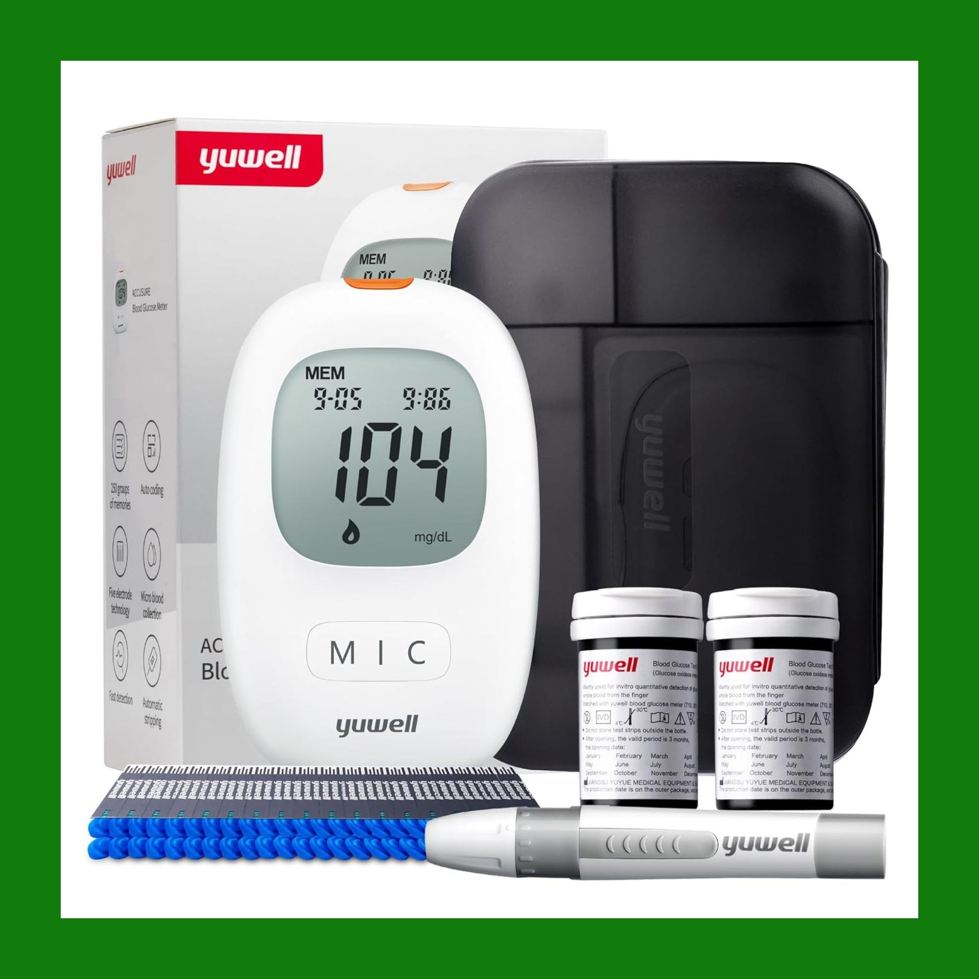 yuwell Misuratore Glicemia con strisce reattive x 50 e lancetti x 50,
