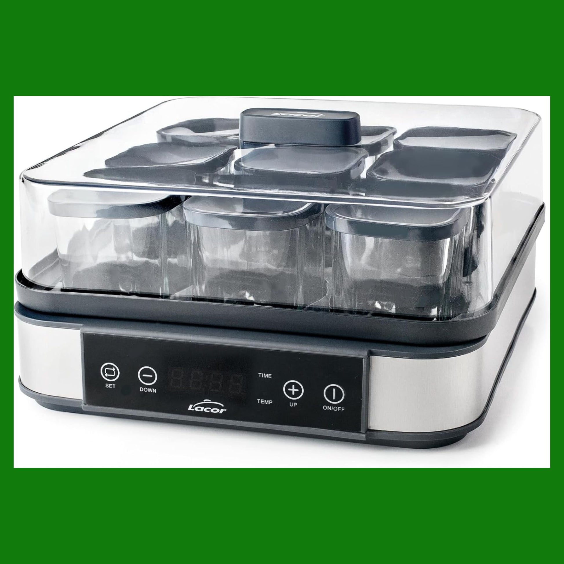 Lacor - 69439 - Yogurtiera in Vetro Deva, 9 Vasetti di Vetro Inclusi, Temperatura Regolabile, Timer, Spegnimento Automatico