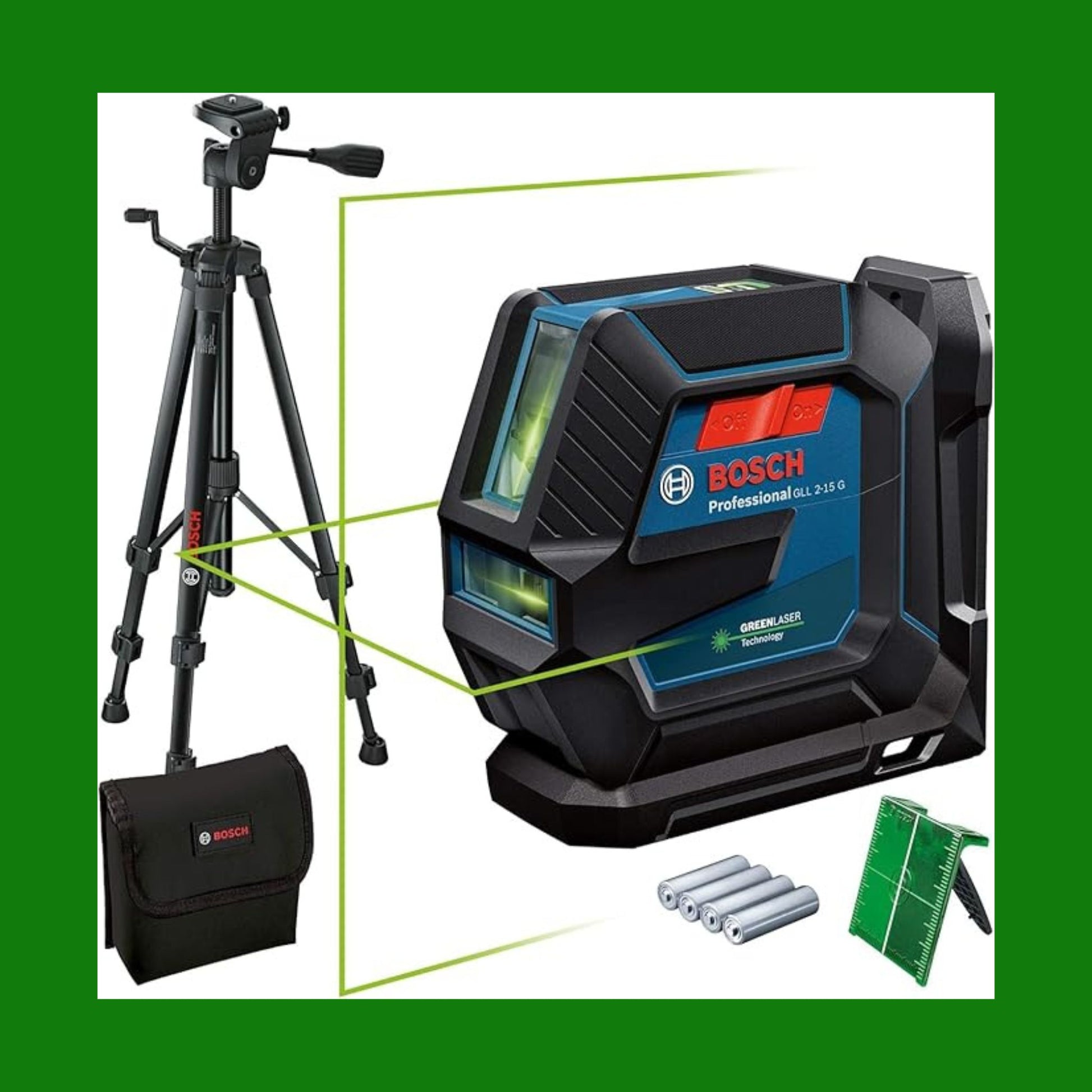 Bosch Professional Livella Laser GLL 2-15 G,laser verde, da interno, supporto LB 10, treppiedi BT 150,