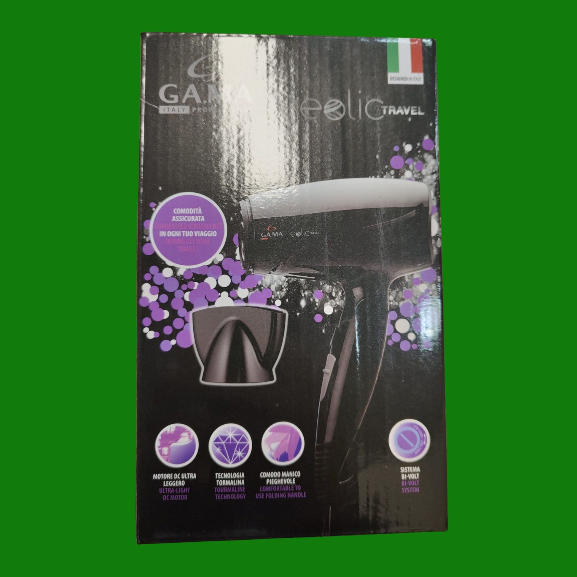 Gama Italy Professional Phon Eolic Travel, Asciugacapelli da viaggio, 1600W, nero