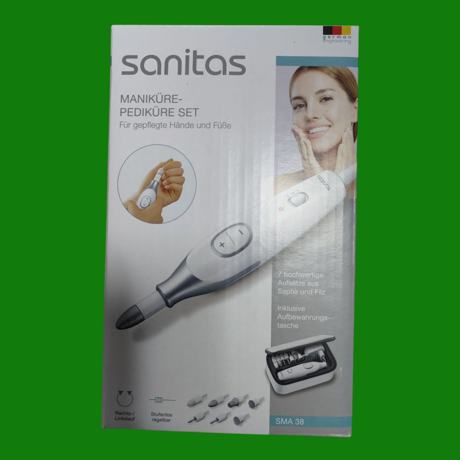Sanitas SMA 38 - Fresa elettrica per Unghie con 7 Accessori Professionali per Manicure e Pedicure in zaffiro e feltro,
