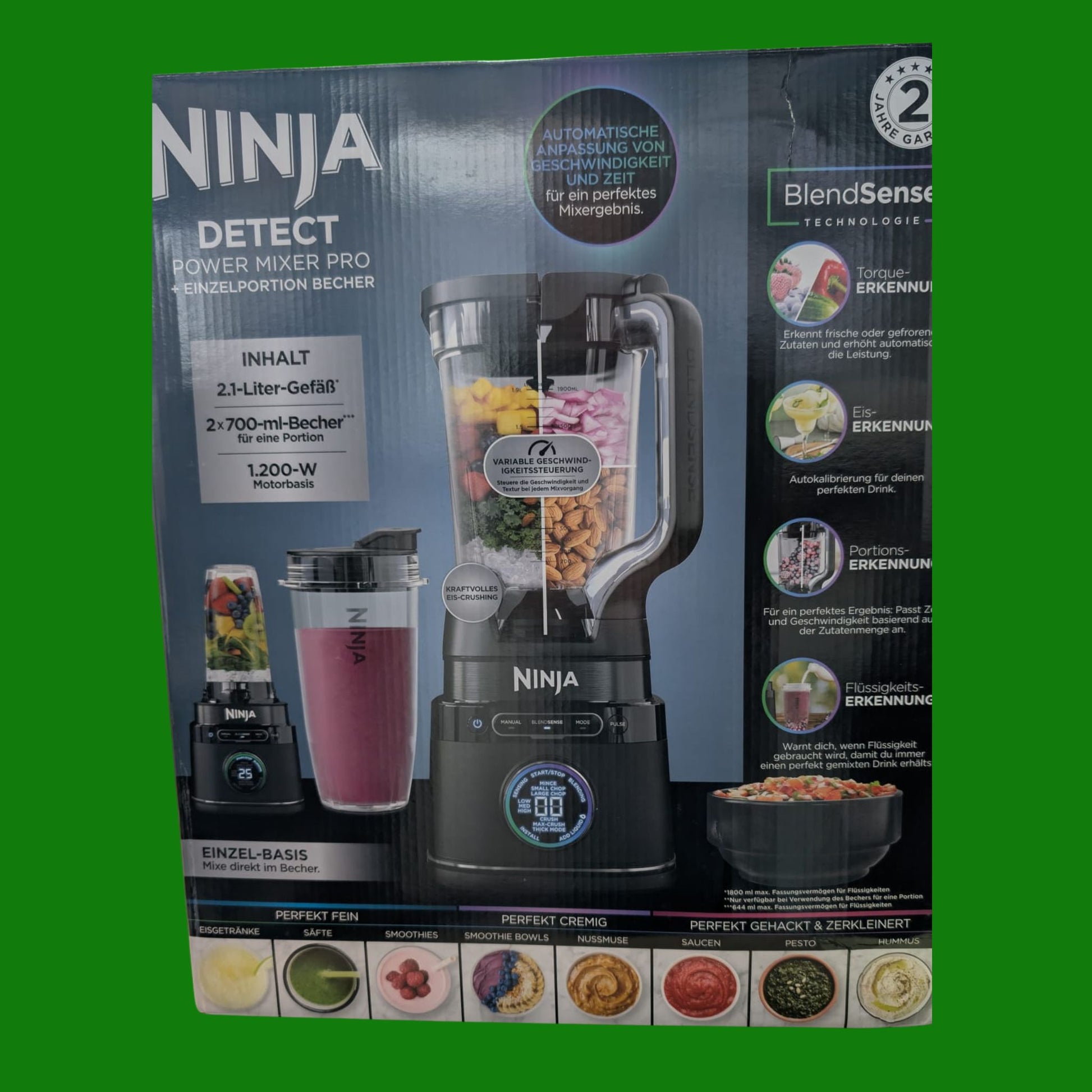 Ninja Frullatore Detect Power Pro 2 in 1 e Monoporzione 1200W, Caraffa da 2L, e 2 Bicchiere Monoporzione, per Frullare, Tritare Verdure e Bevande Ghiacciate, Nero