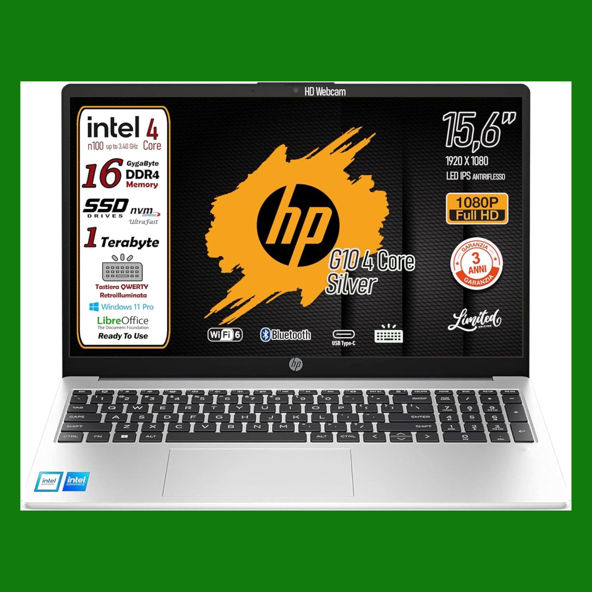 HP 250 G10 Notebook portatile, Ram 16Gb, SSD 1Tb, Display FullHD 15.6