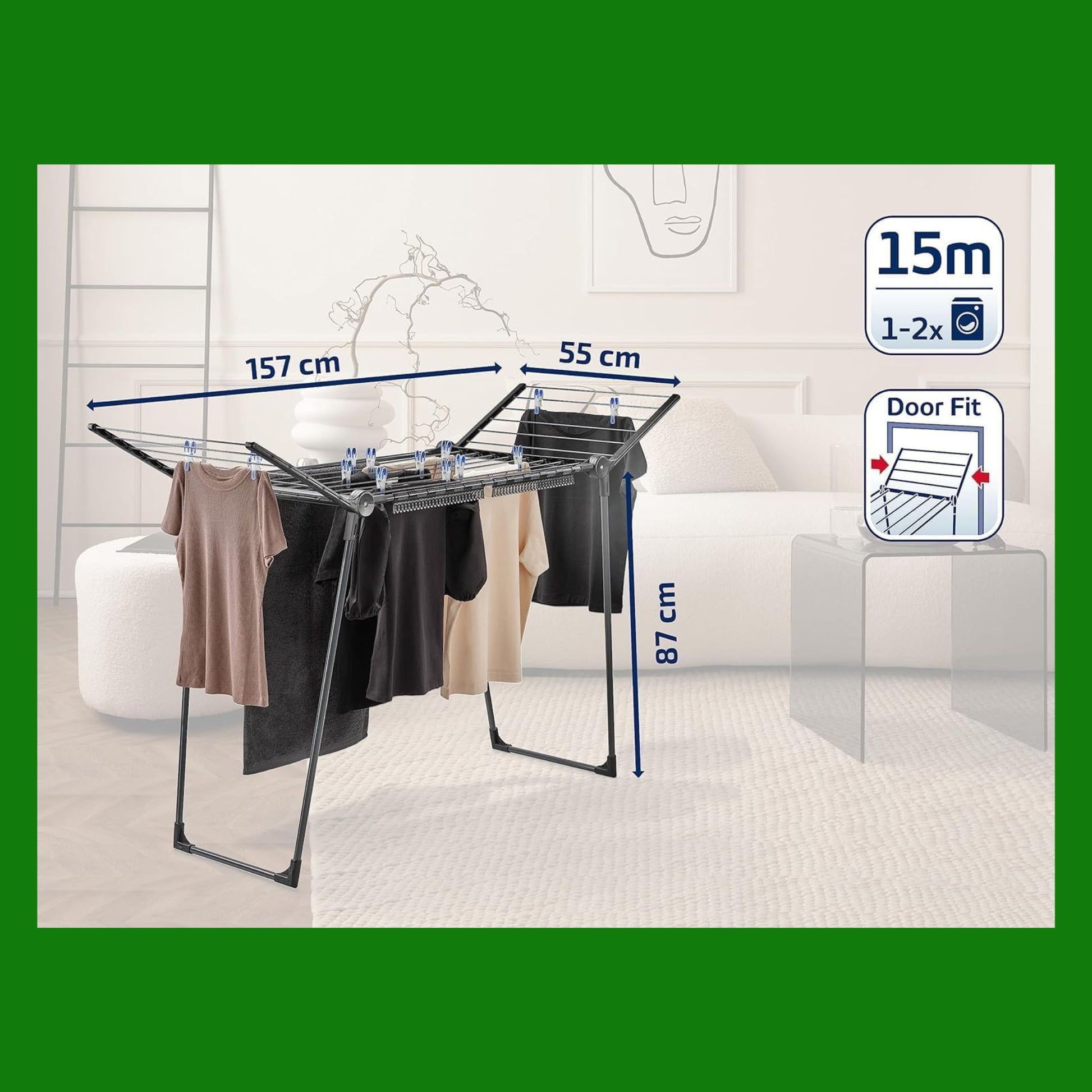 Leifheit Pegasus 150 Solid Black Edition stendibiancheria, asciugabiancheria stabile, ali per capi lunghi, stendino balcone ad ali particolarmente compatto che passa anche attraverso porte strette.