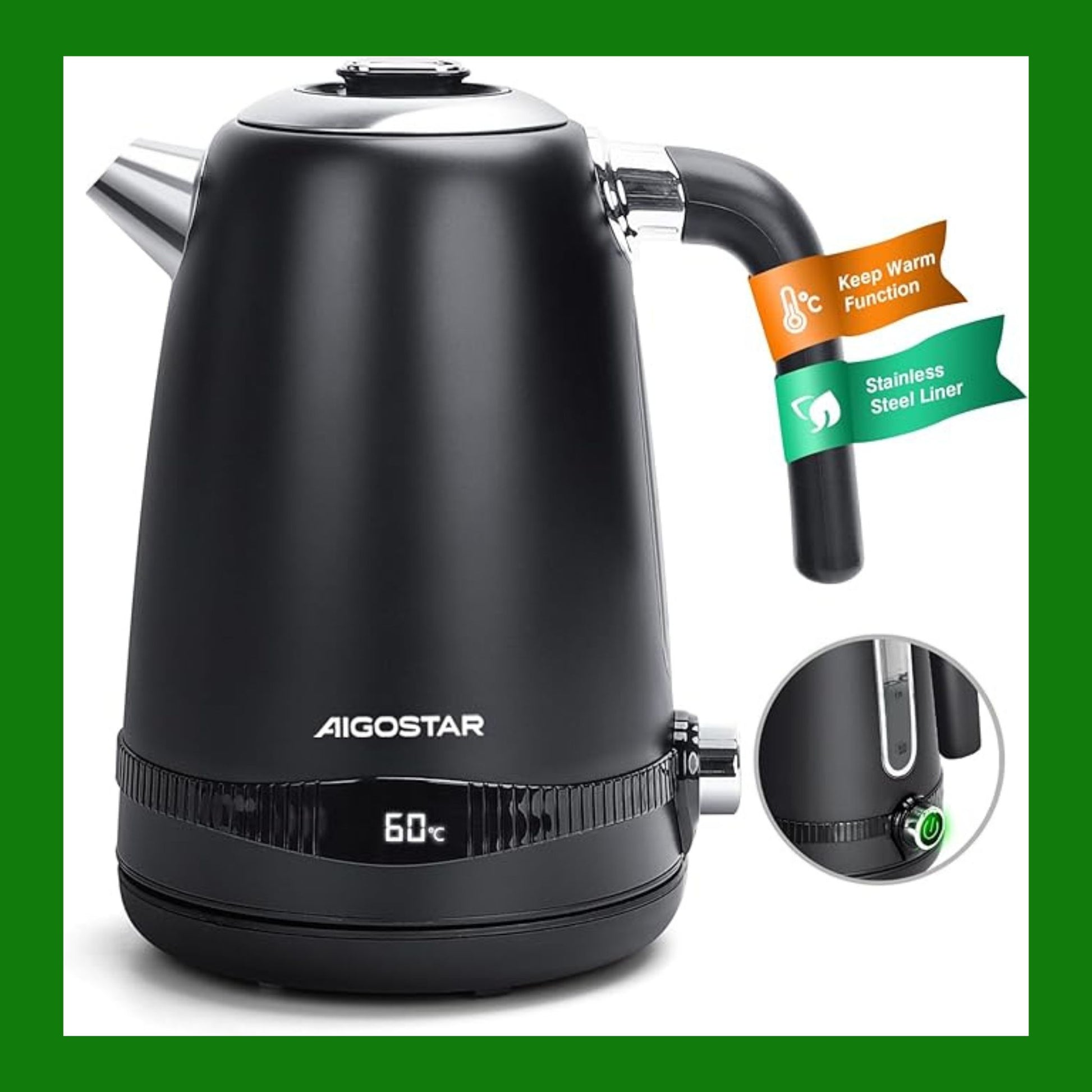 Aigostar Bollitore Elettrico Temperatura Regolabile Acciaio Inox 1,7 Litri Nero - Bollitore Acqua Elettrico 2200W, Funzione di Mantenimento in Caldo, Senza Plastica All'interno, Senza BPA