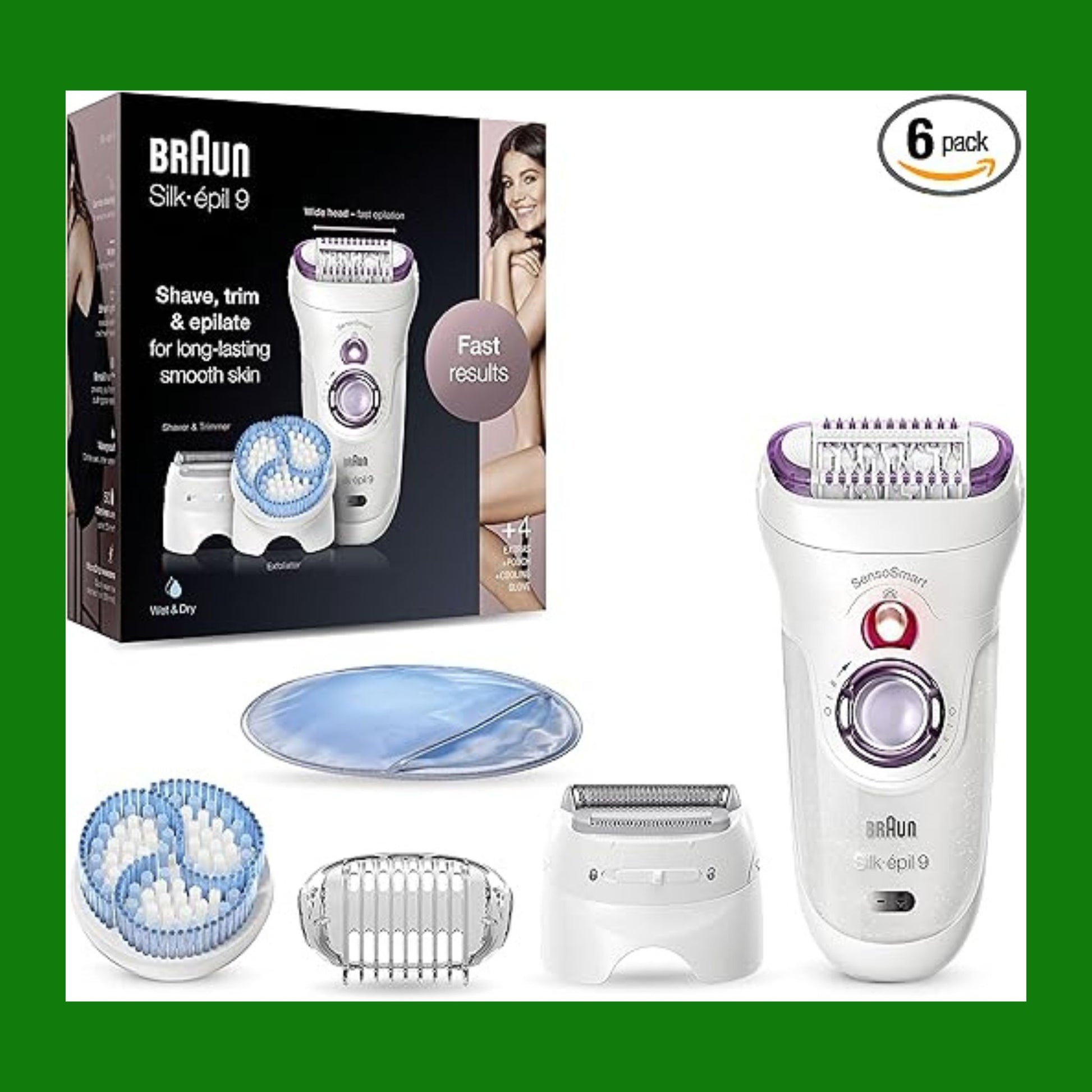 Braun Silk-épil 9, Depilatore Donna, Epilatore Elettrico Donna, Rimozione Duratura Dei Peli, Epilazione Wet & Dry, Rulli Massaggianti, Rasoio Donna, Guanto Refrigerante, 9-735 Bianco e Viola/Azzurro