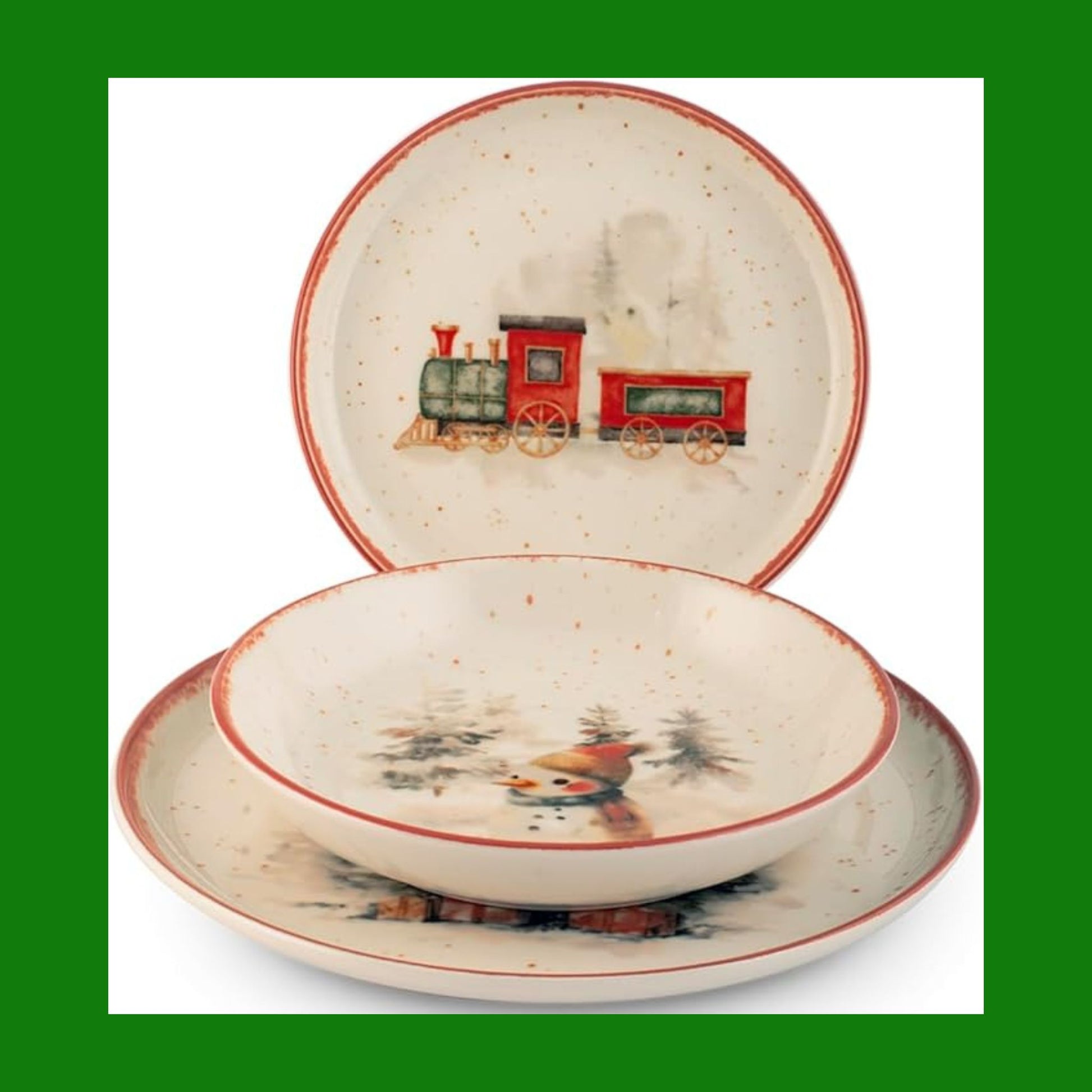 H&H Servizio Piatti Natalizio 18 Pezzi Santa Express in Stoneware – 6 Piani 26 cm, 6 Fondi 20,5 cm, 6 Frutta 20 cm