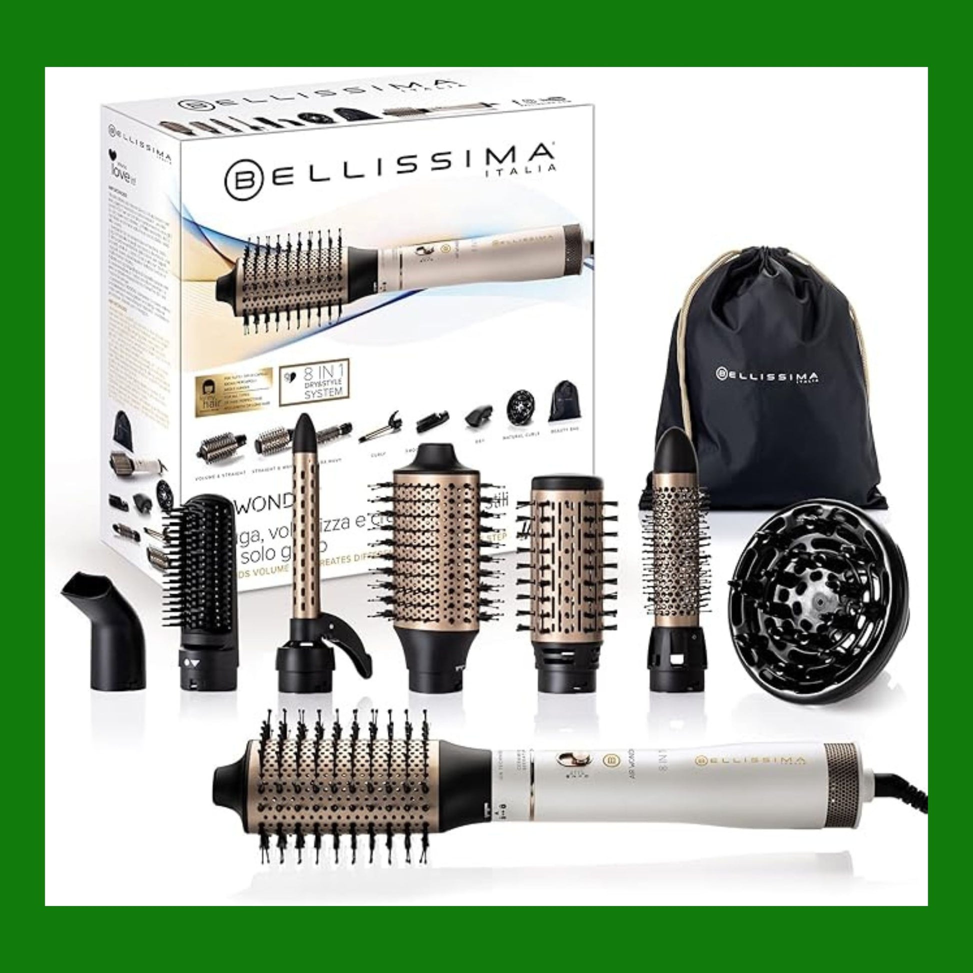 Bellissima Imetec Air Wonder, Spazzola Ad Aria Calda, Tecnologia a Ioni, Spazzole Rivestite In Ceramica e Cheratina, Asciuga, Dona Volume, 8 Accessori, 1000 W, bianco