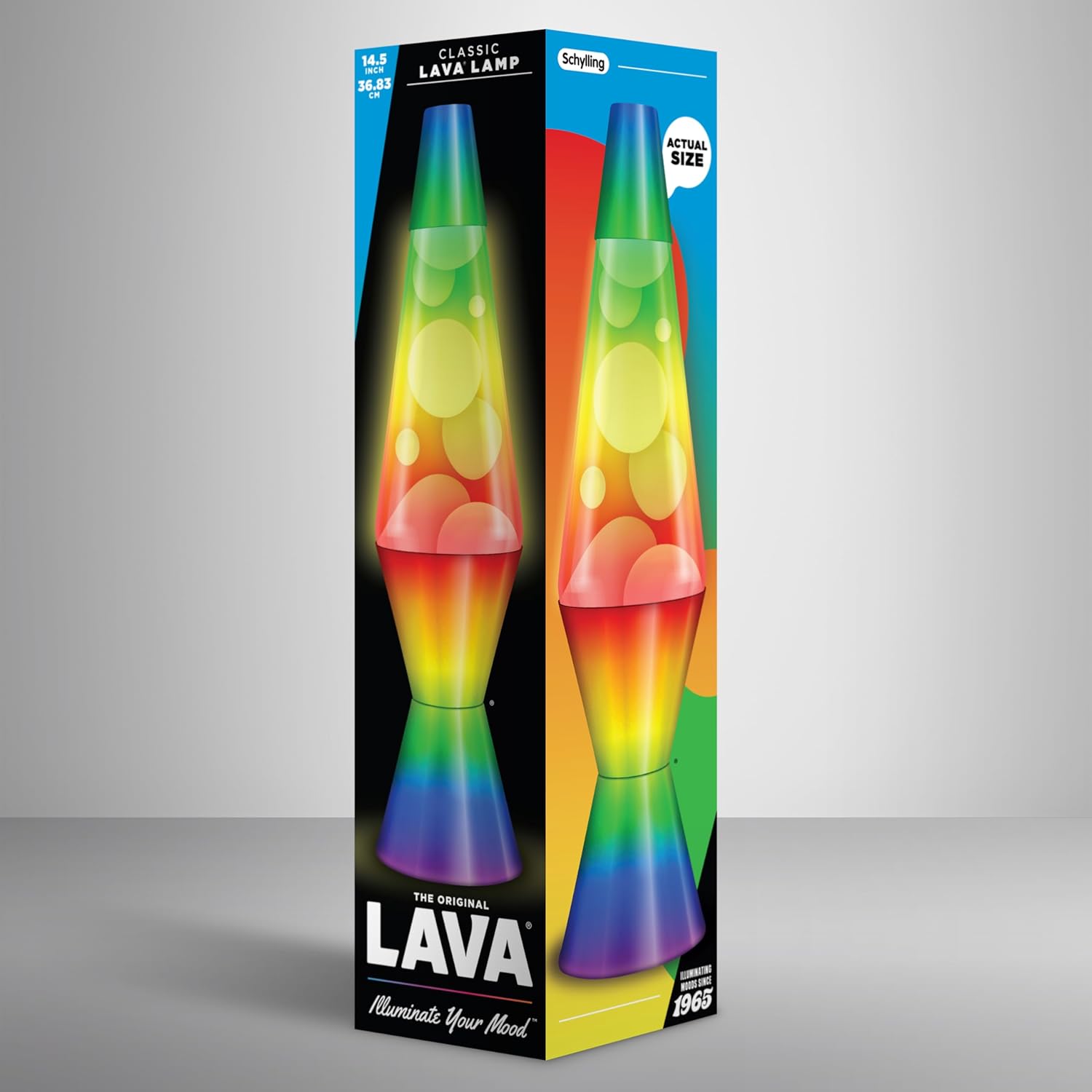 LAVA® - Lampada Arcobaleno 2513, globo tricolore dipinto a mano, cera bianca, liquido trasparente, base e cappuccio decorati, lampada di movimento originale di marca 14,5 pollici
