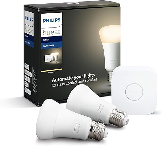 Philips Lighting Hue White Starter Kit con 2 Lampadine Attacco E27, con Bluetooth, Luce Bianca Calda Dimmerabile + 1 Bridge Hue Controllo Completo del Sistema, Bianco