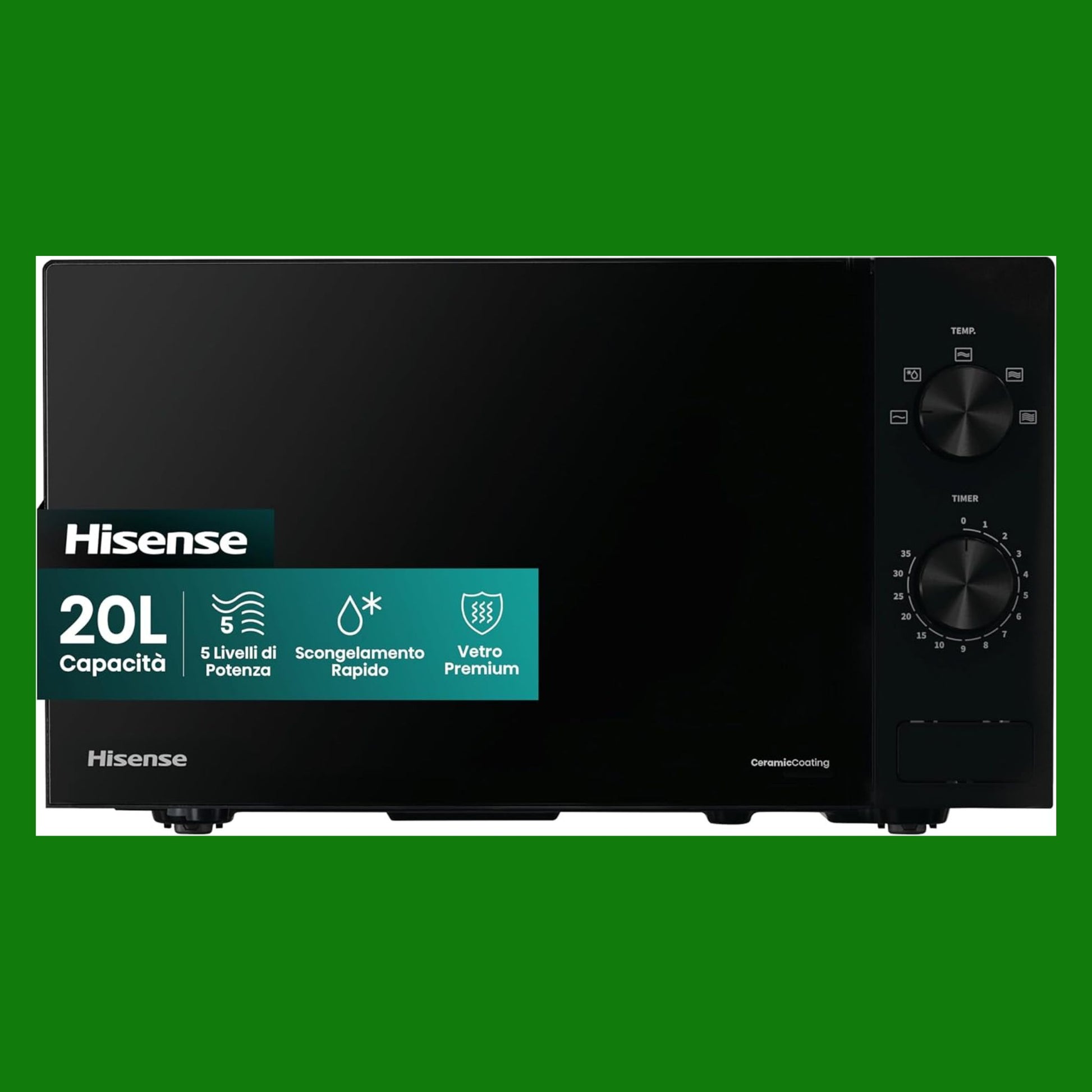 Hisense H20MOBP1 Forno a Microonde, Nero con Manopole, Capacità 20 litri, 5 Livelli di Potenza, Vetro Ceramica