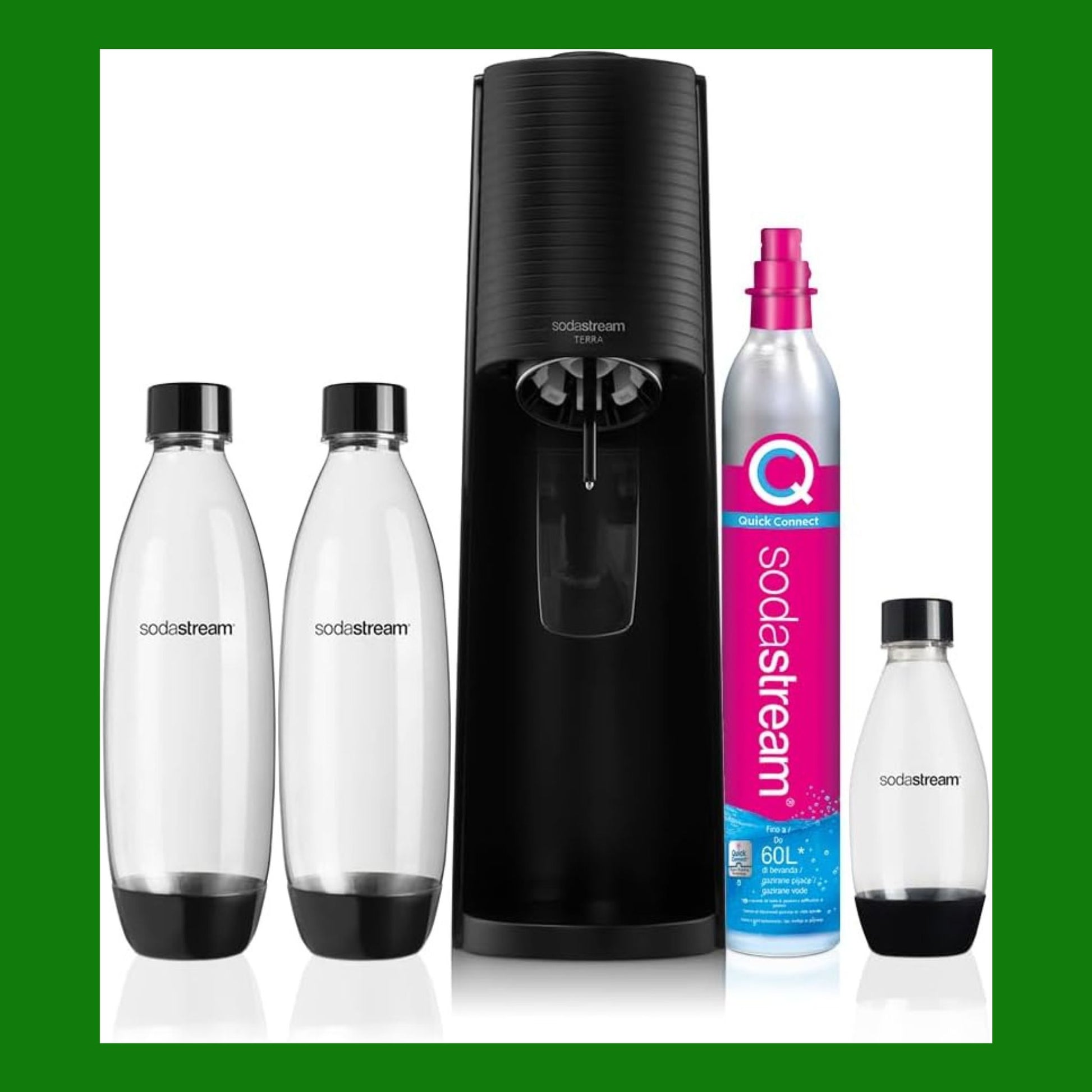 SodaStream Terra Megapack, Gasatore d'acqua per trasformare l'acqua in acqua frizzante, incluso cilindro contente Co2, 2 bottiglie da 1 litro, 1 bottiglia da mezzo litro,28,8 x 19.5 x 43.6 centime