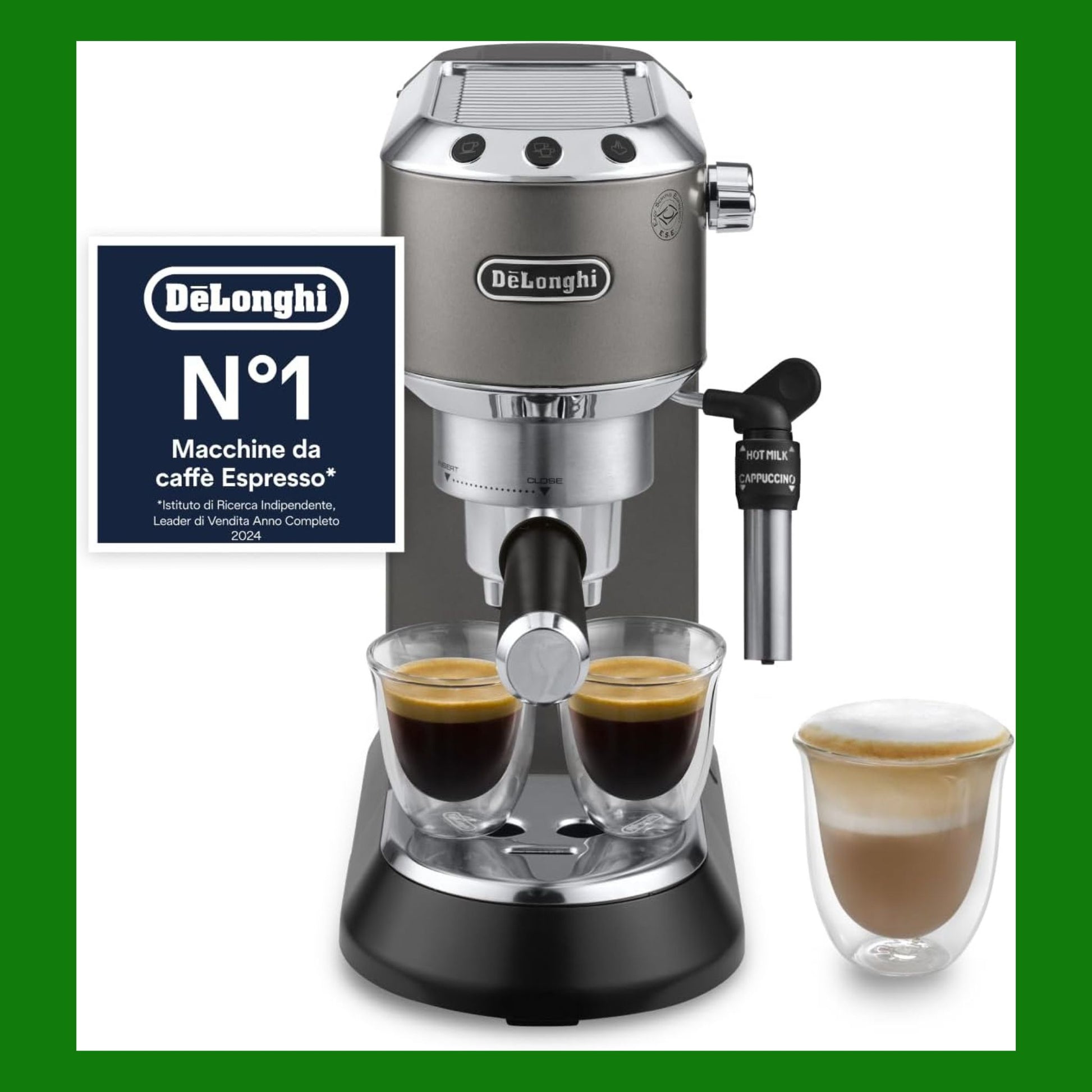De'Longhi Dedica Style – Perfetto Macchina da Caffè Espresso, Compatibile con Cialde ESE, Montalatte Manuale per Cappuccino, Pannello di Controllo con Pulsanti, Larghezza 15 cm, Titanio (EC685.TB)